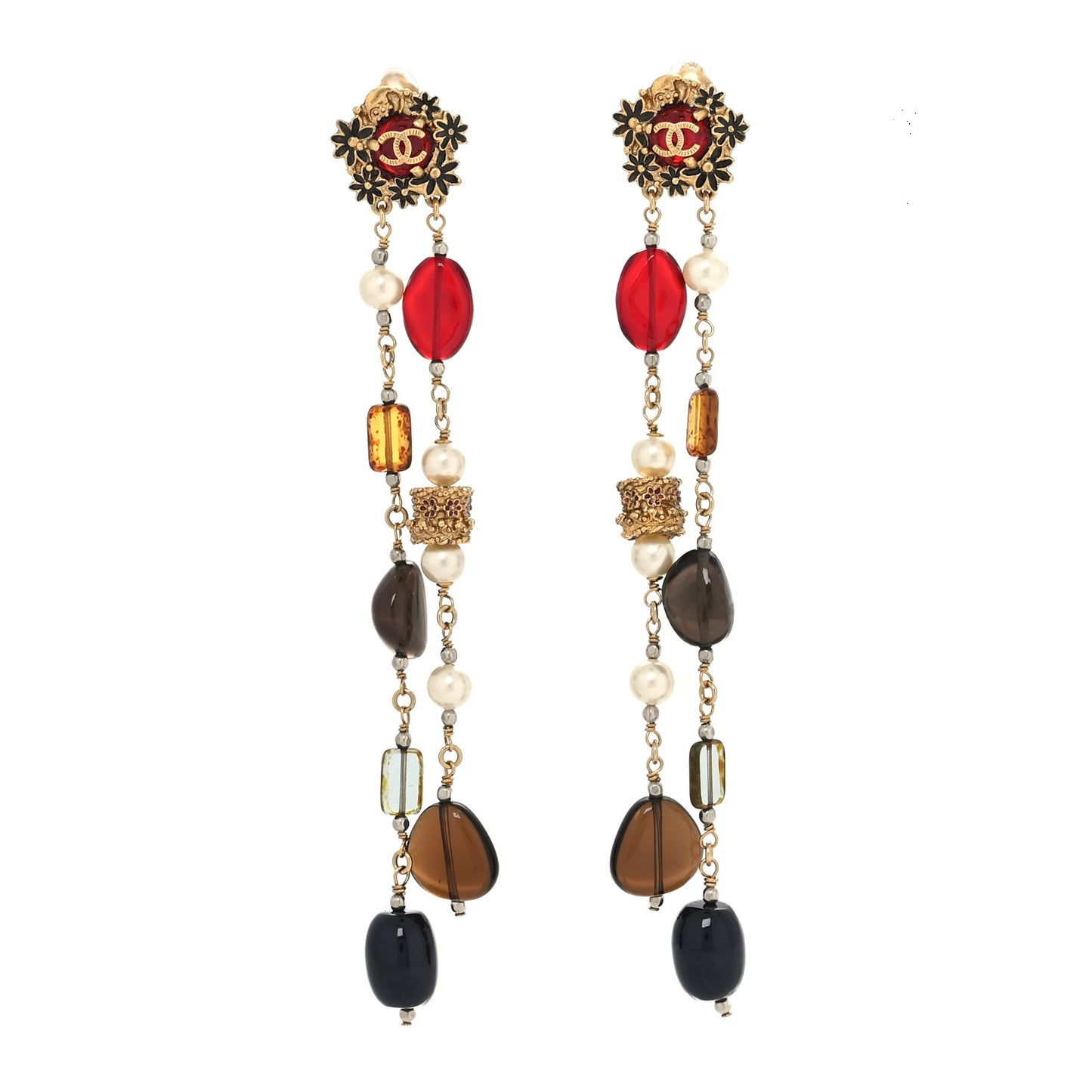 Pearl Bead Chain CC Dangle Clip On Earrings Gold