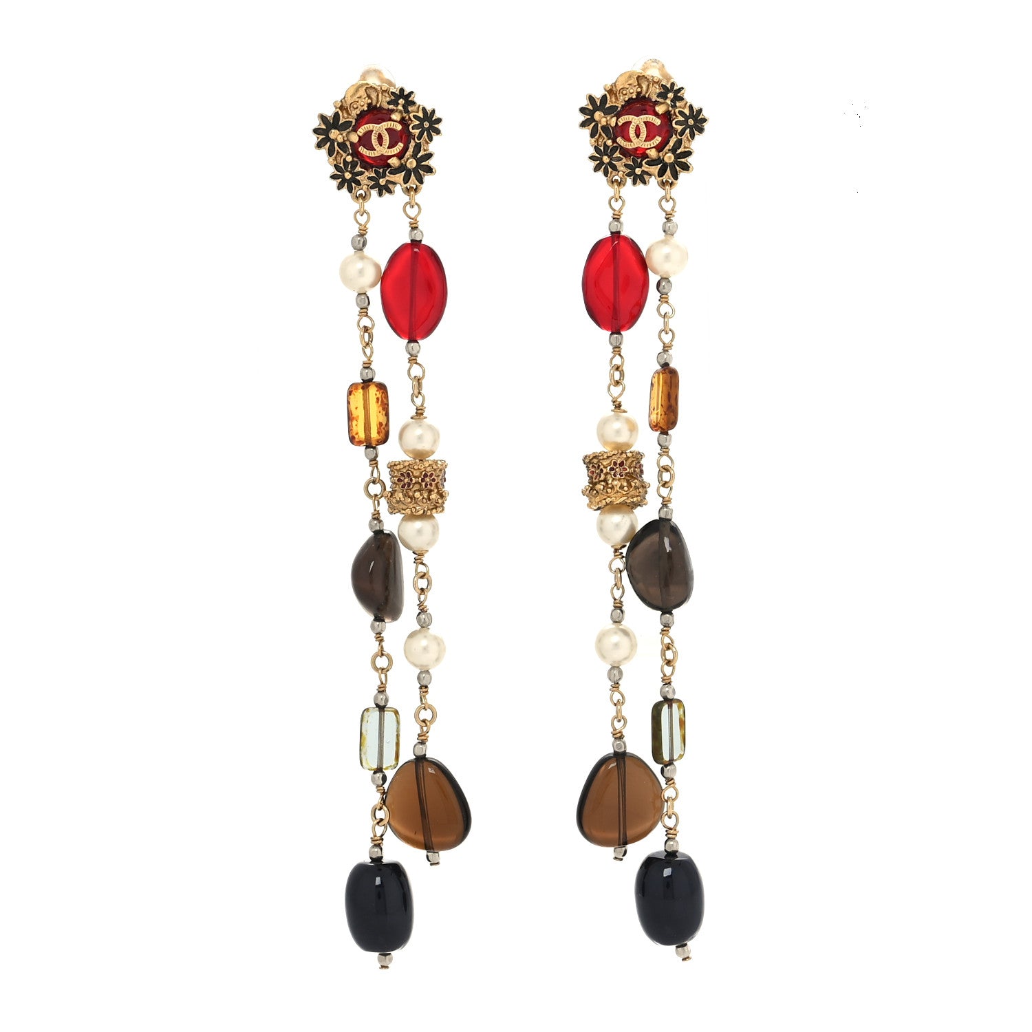 Chanel Pearl Bead Chain CC Dangle Clip On Earrings Gold 1 of 5