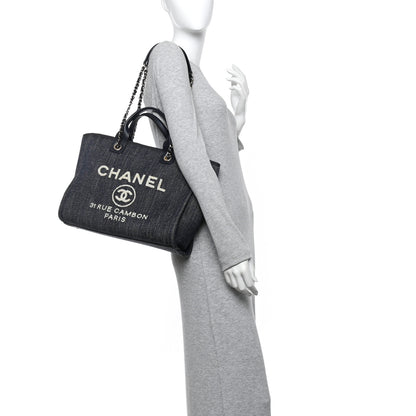 Chanel Denim Small Deauville Tote Dark Blue White 2 of 11