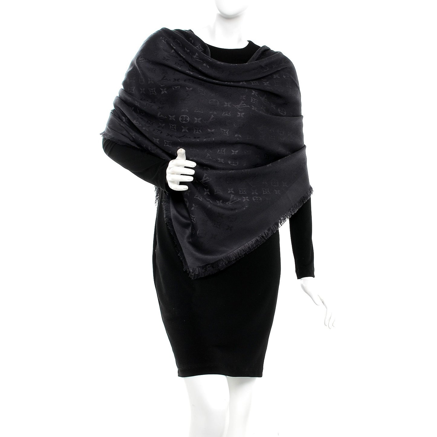 Silk Wool Monogram Shawl Charcoal Grey
