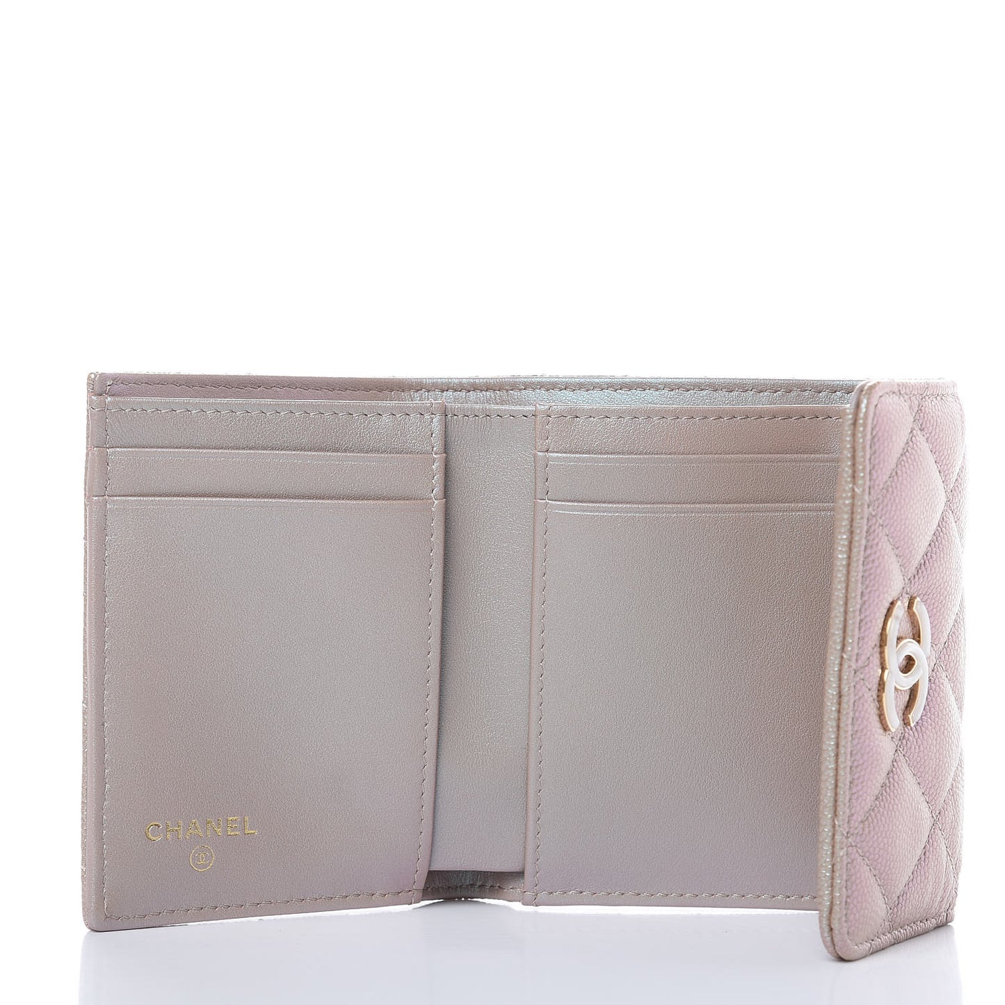 Iridescent Caviar Quilted Small Flap Wallet Beige