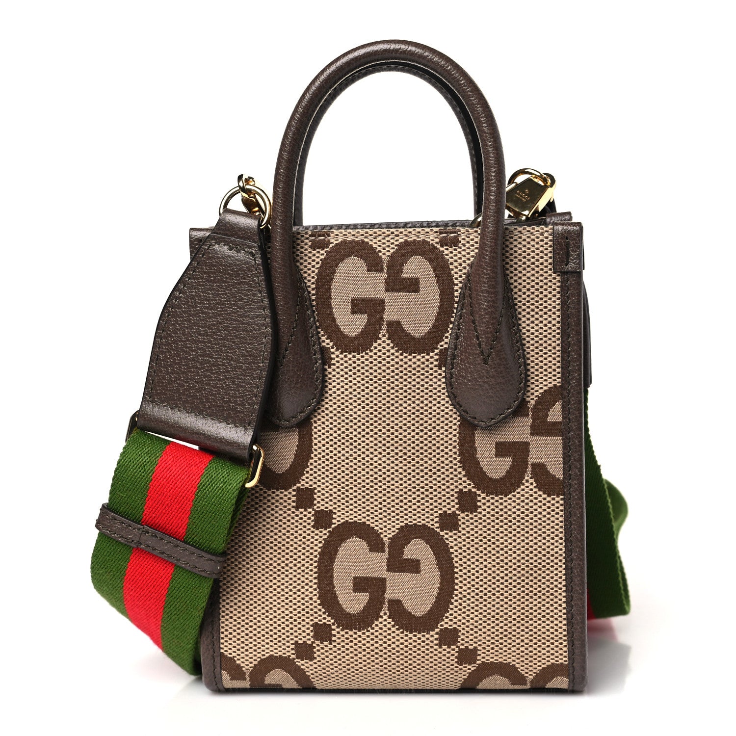Gucci Monogram Jumbo GG Textured Dollar Calfskin Web Mini Vertical Tote Camel Ebony New Acero 1 of 8