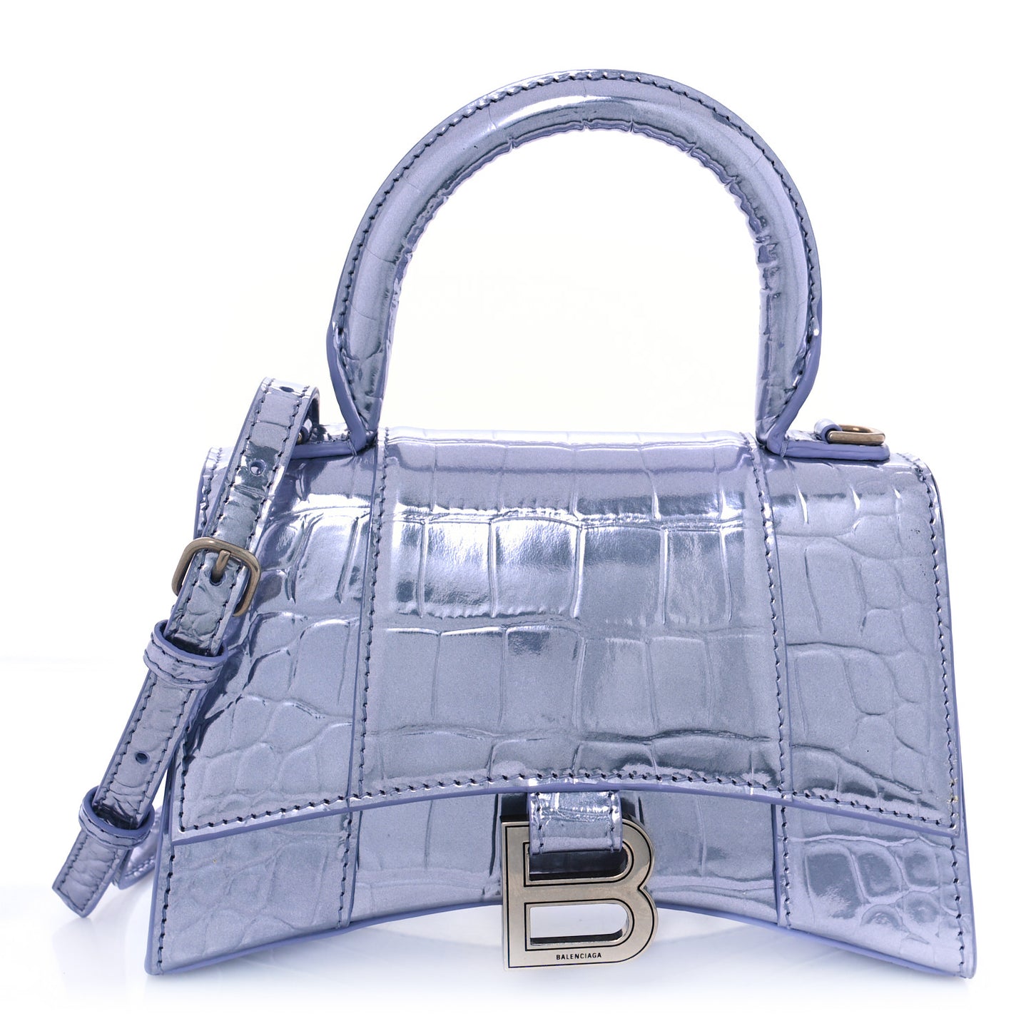 Metallic Calfskin Crocodile Embossed Hourglass Top Handle Bag XS Lilac