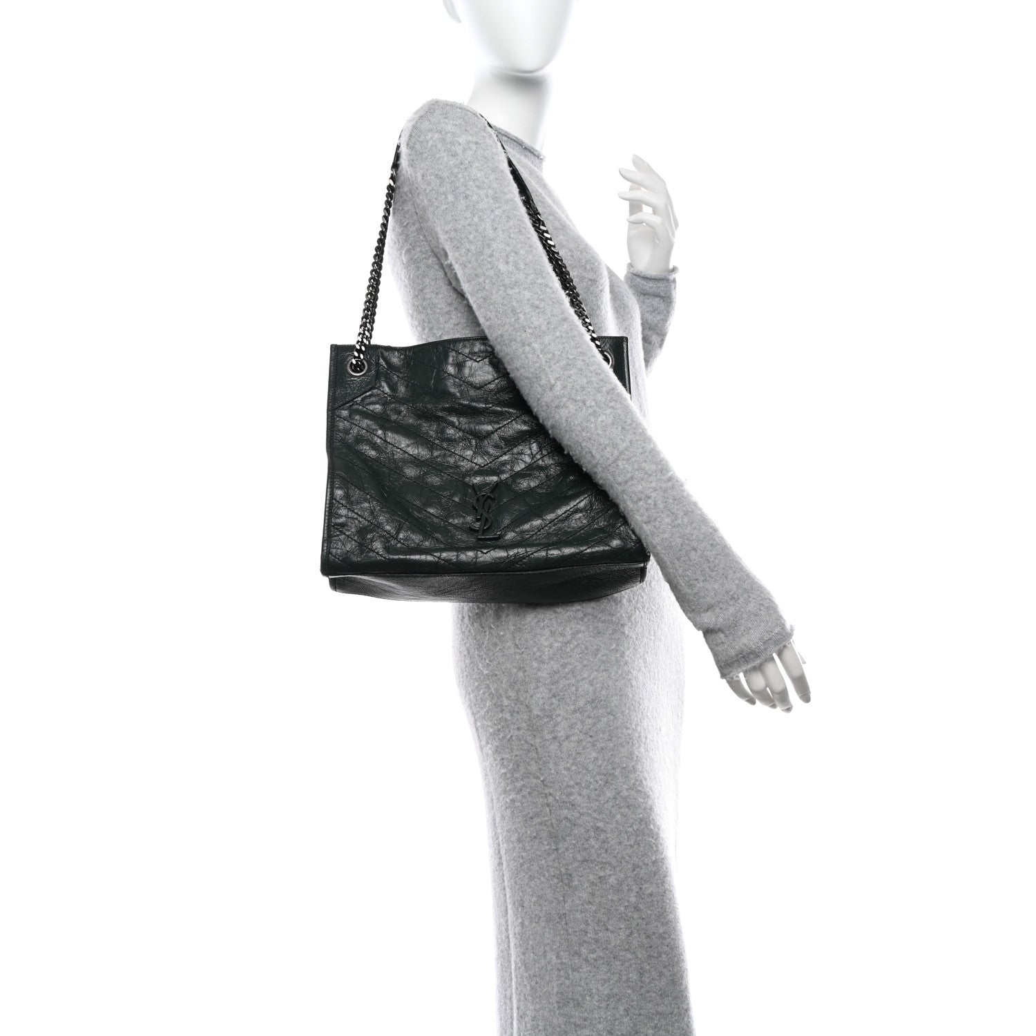 Saint Laurent Crinkled Calfskin Matelasse Monogram Medium Niki Shopper Tote New Vert 2 of 11