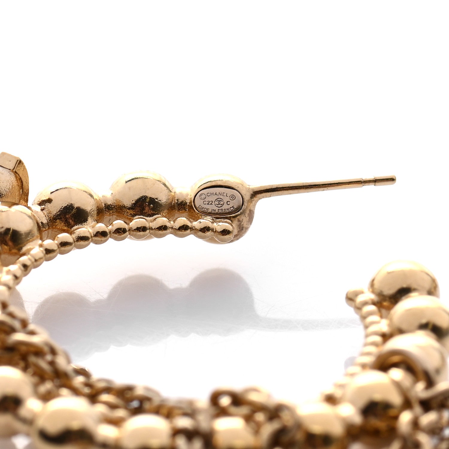 Chanel Metal Bead Round CC Hoop Earrings Gold 4 of 5