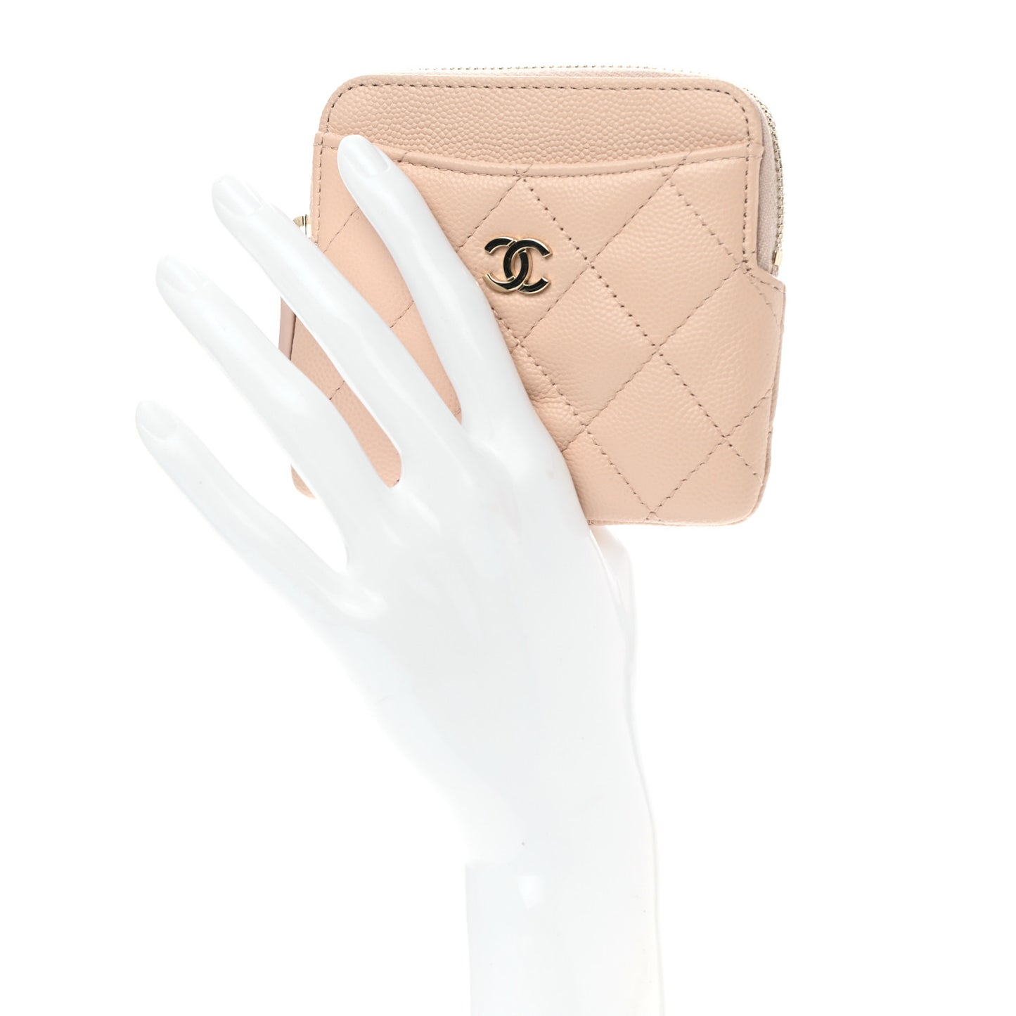 Caviar Quilted Zip Card Holder Wallet Light Beige