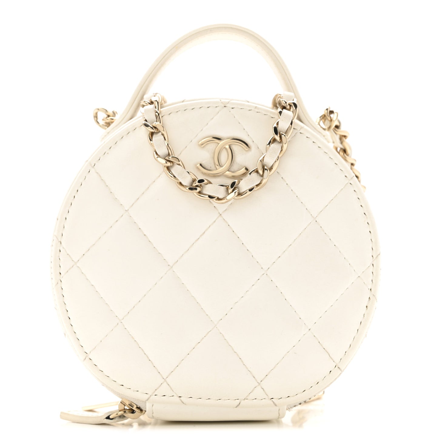 Lambskin Quilted Round Handle With Care Vanity With Chain White