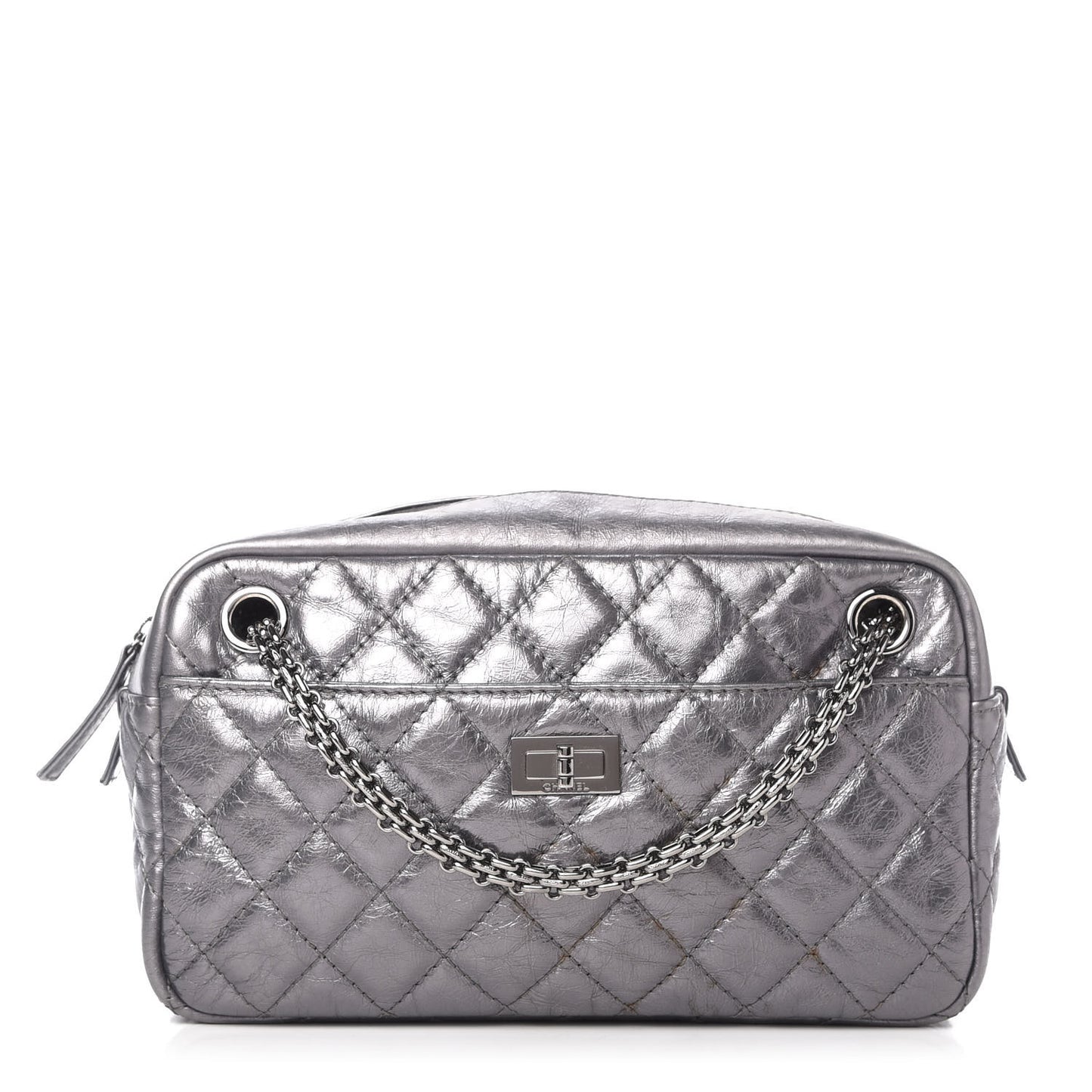 Metallic Aged Calfskin Quilted Medium Reissue Camera Case Dark Silver