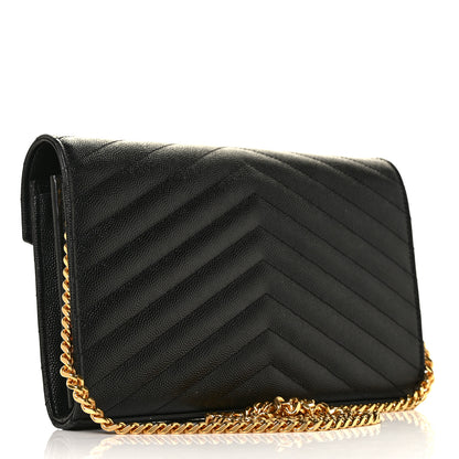 Saint Laurent Grain De Poudre Matelasse Chevron Monogram Chain Wallet Black 3 of 8
