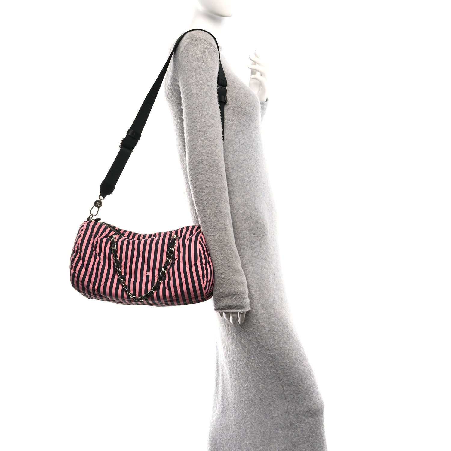 Chanel Nylon Striped Quilted Coco Beach Large Bowling Bag Black Coral 2 of 10