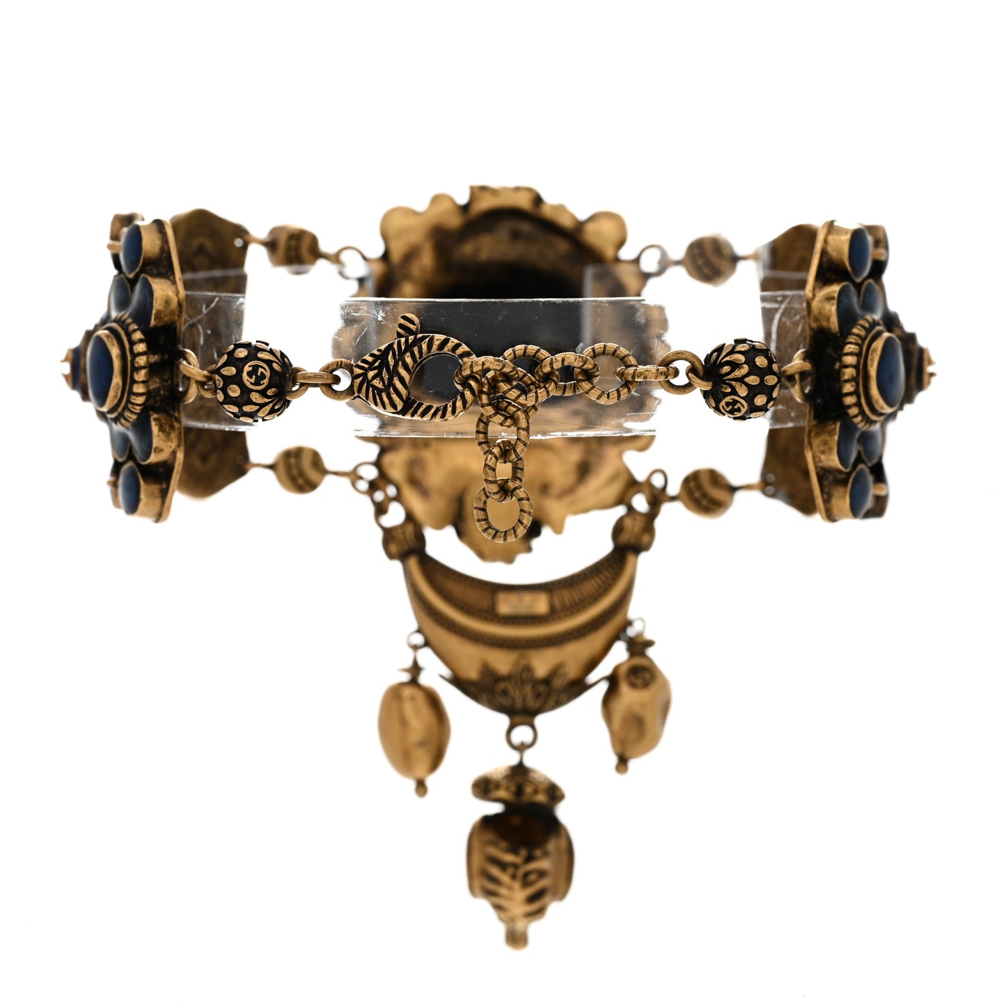 Metal Resin Pearl Lion Head Bracelet Aged Gold Blue