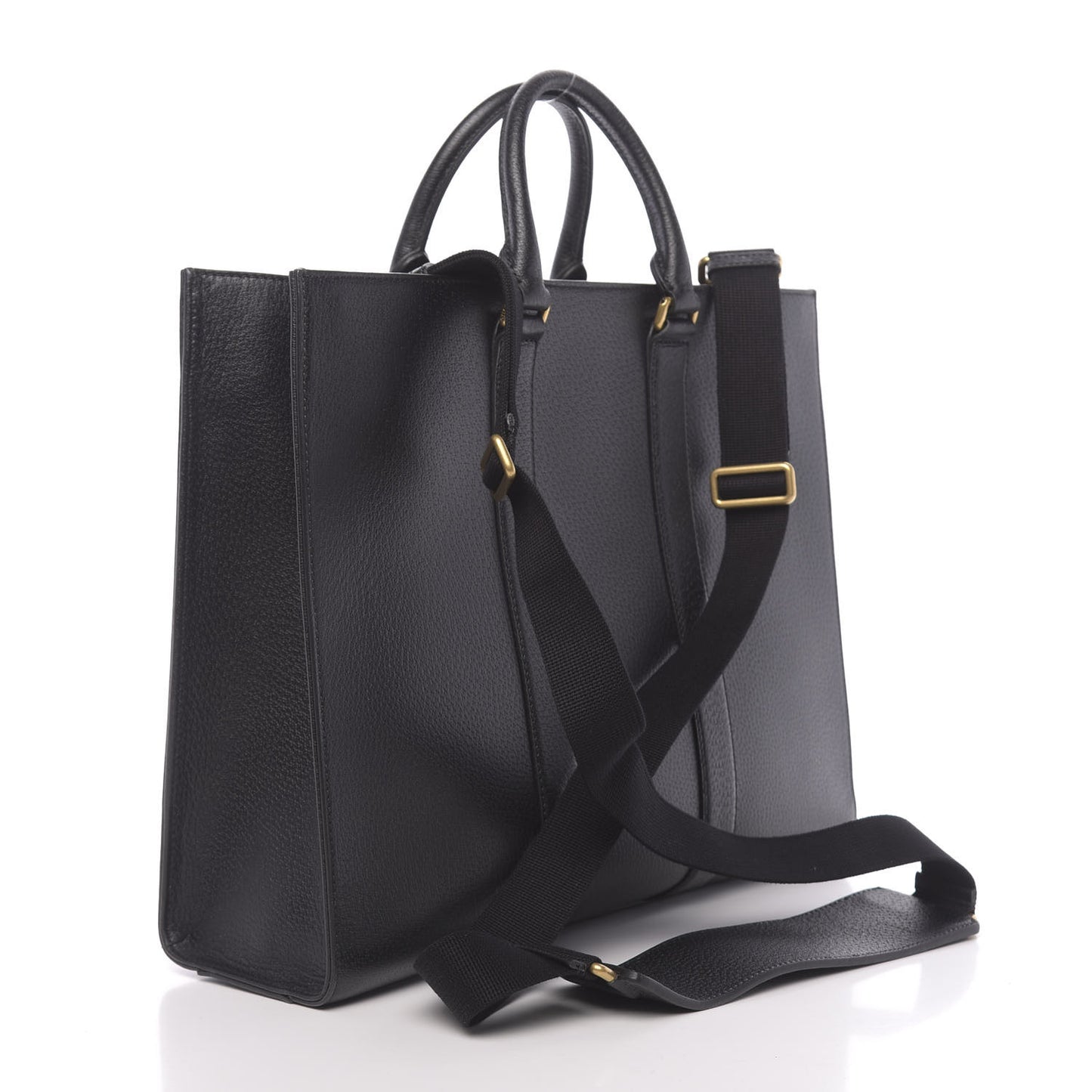 Grained Calfskin Web Top Handle Tote Black