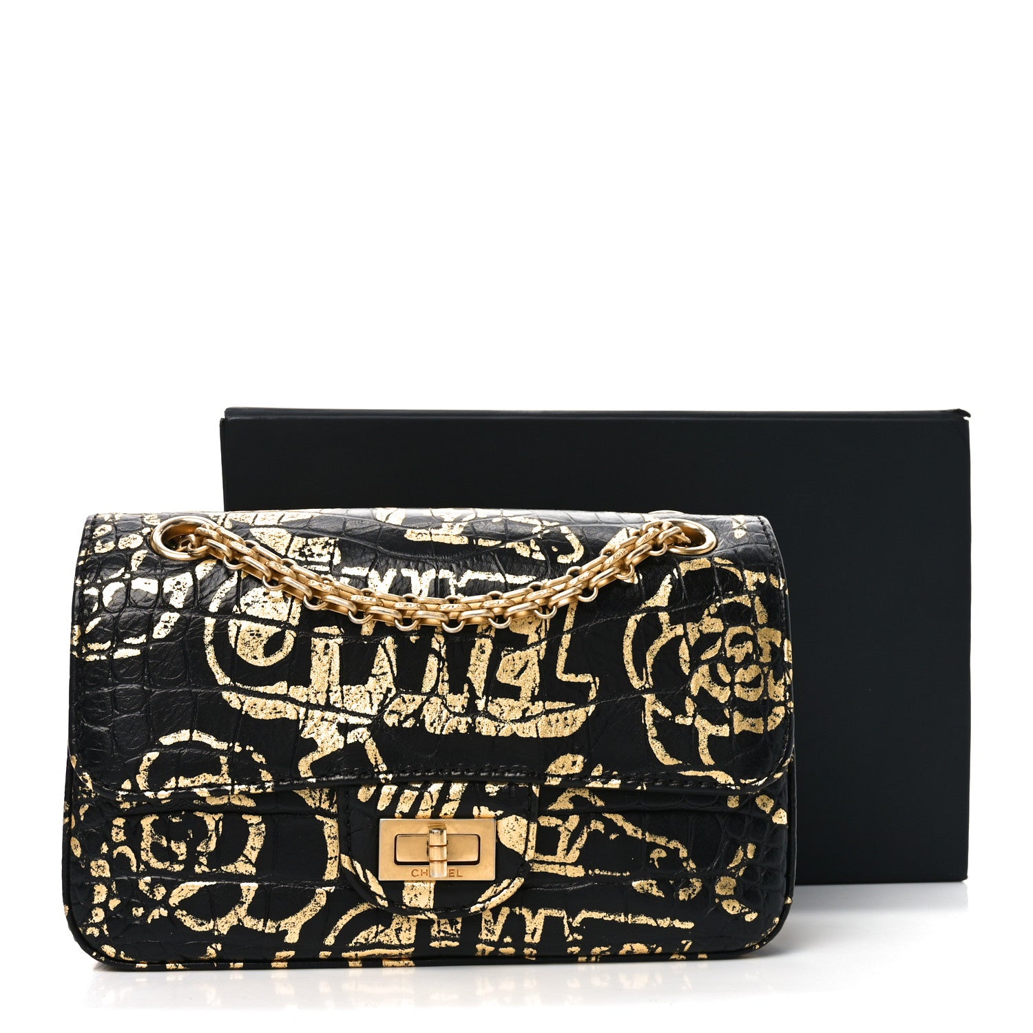 Chanel Calfskin Crocodile Embossed Graffiti 2.55 Mini Cocodile Reissue Flap Black Gold 11 of 11