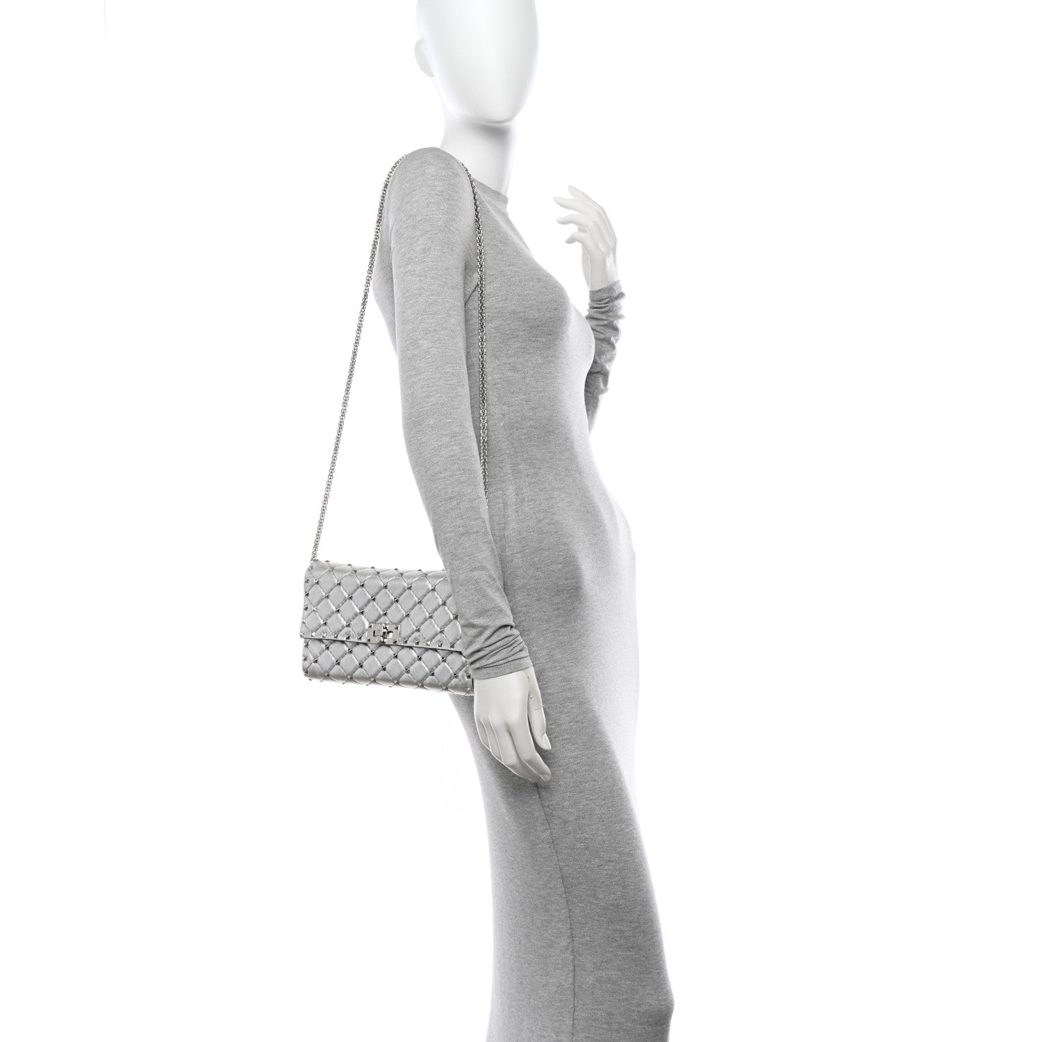 Valentino Garavani Metallic Lambskin Rockstud Spike Wallet on Chain Silver 2 of 11