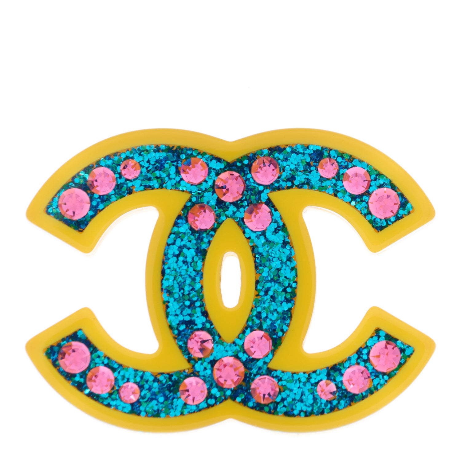 Chanel Resin Glitter Crystal CC Brooch Yellow Blue 1 of 4