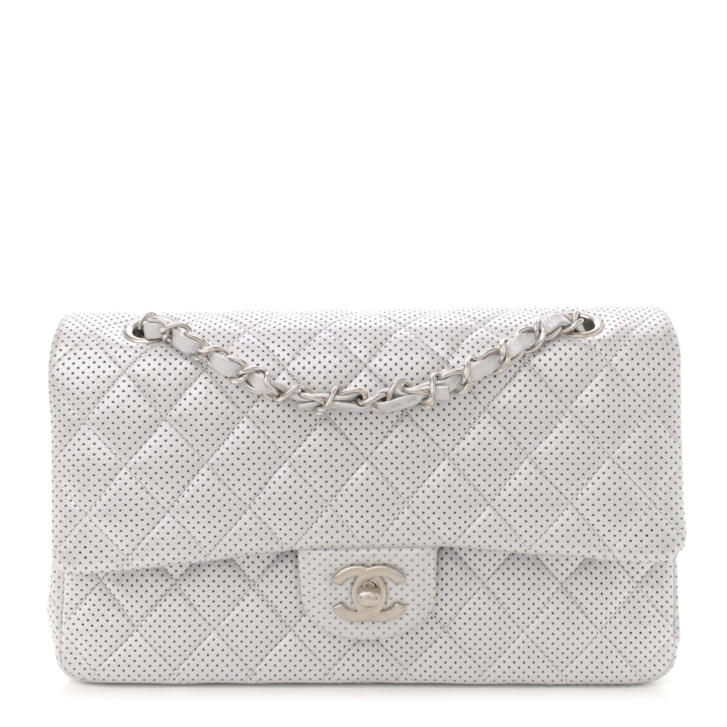 Metallic Lambskin Perforated Medium Double Flap Light Silver
