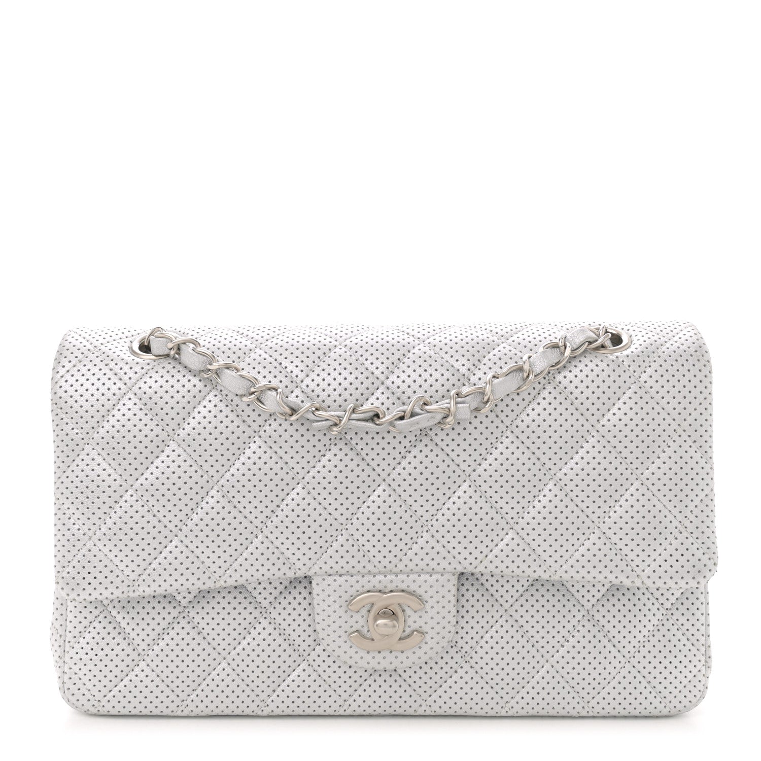 Chanel Metallic Lambskin Perforated Medium Double Flap Light Silver 1 of 10