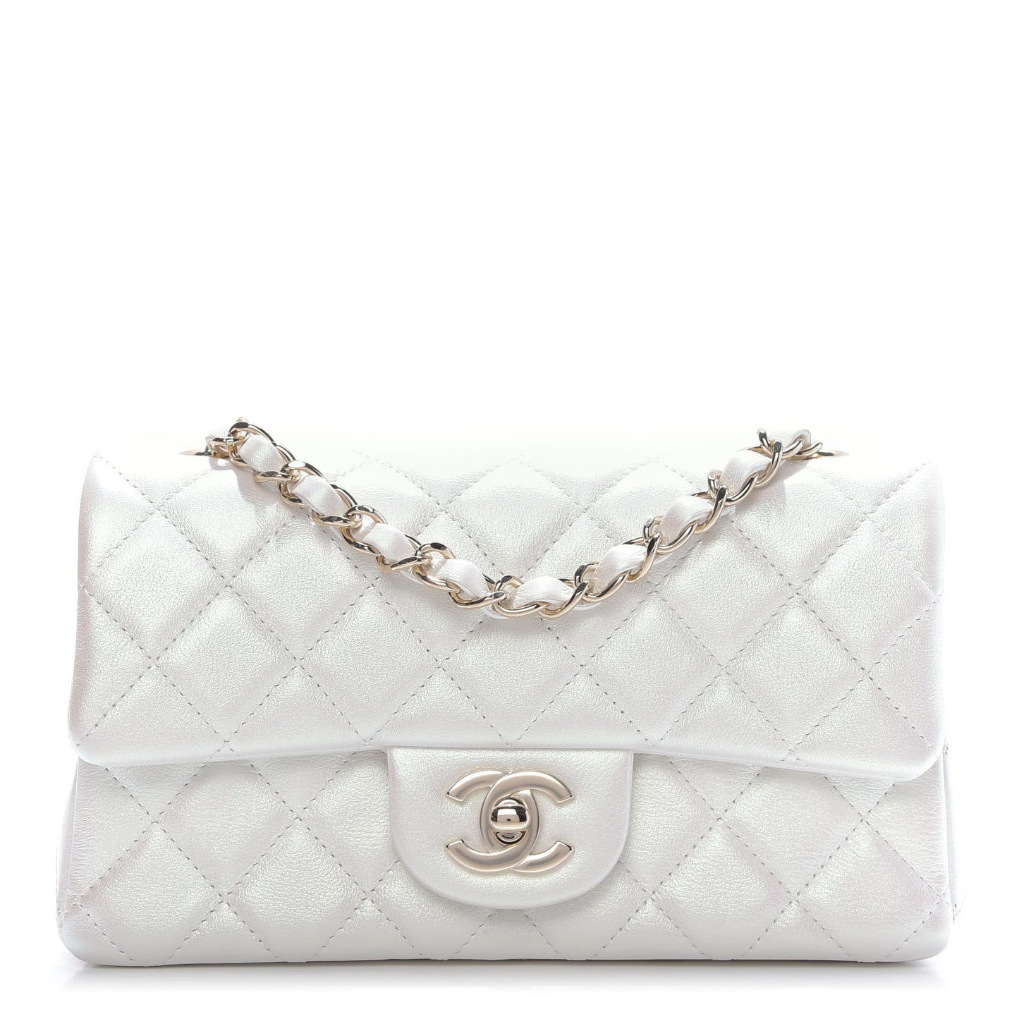 Iridescent Calfskin Quilted Mini Rectangular Flap White