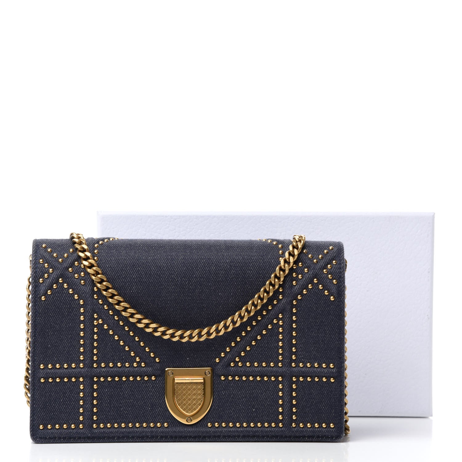 Christian Dior Denim Studded Diorama Wallet on Chain Pouch Blue 10 of 10