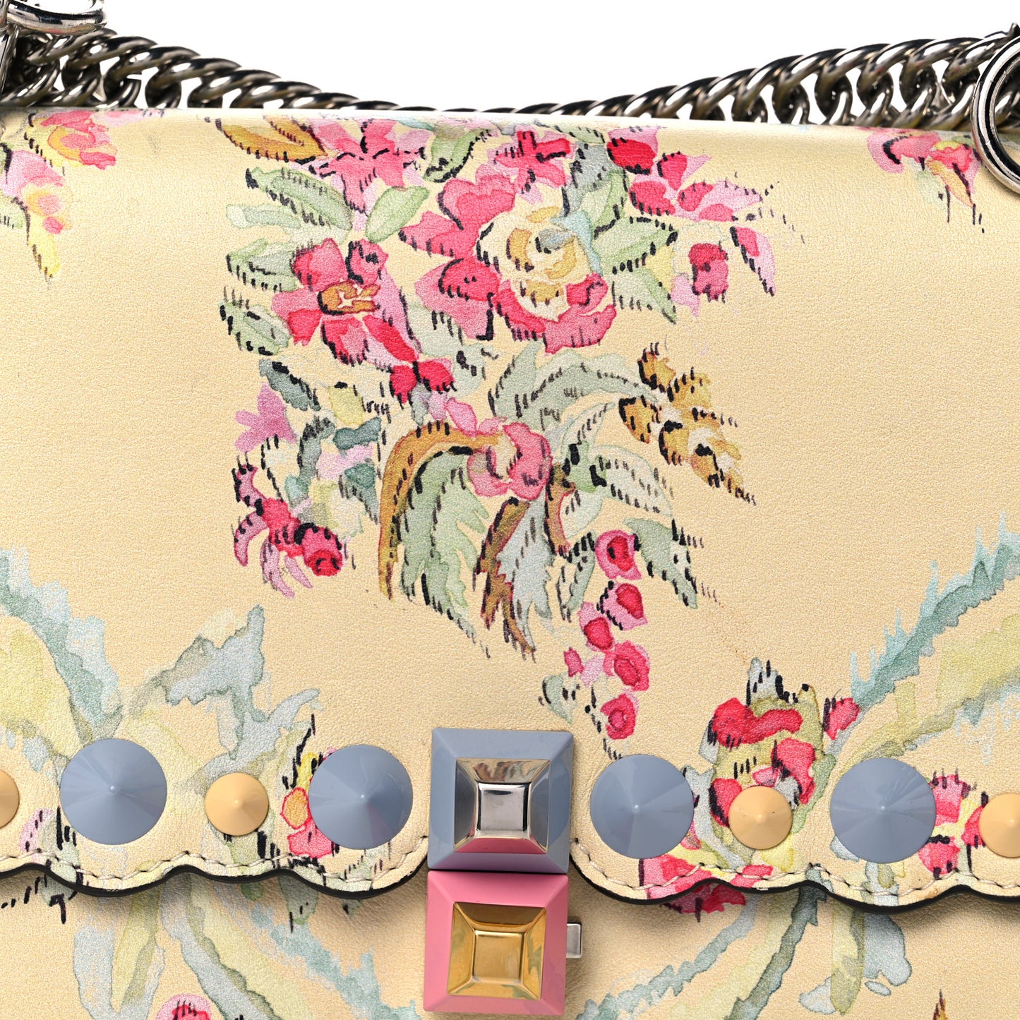 Vitello Marie Antoinette Print Scalloped Mix Studded Small Kan I Shoulder Bag Panna Multicolor