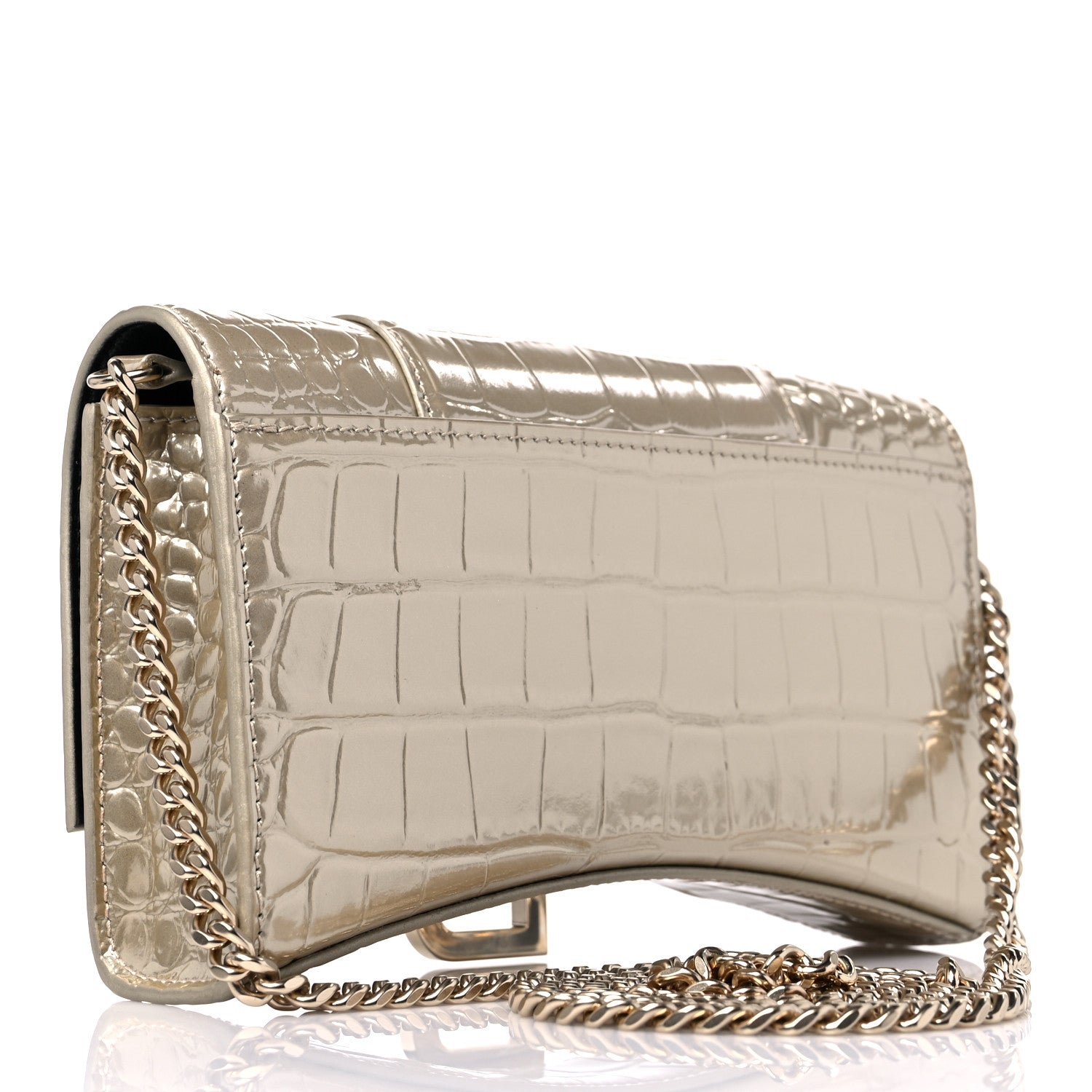 Balenciaga Shiny Calfskin Crocodile Embossed Hourglass Chain Bag Light Gold 3 of 10