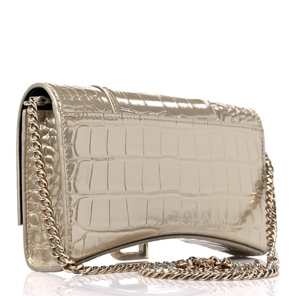 Balenciaga Shiny Calfskin Crocodile Embossed Hourglass Chain Bag Light Gold 3 of 10