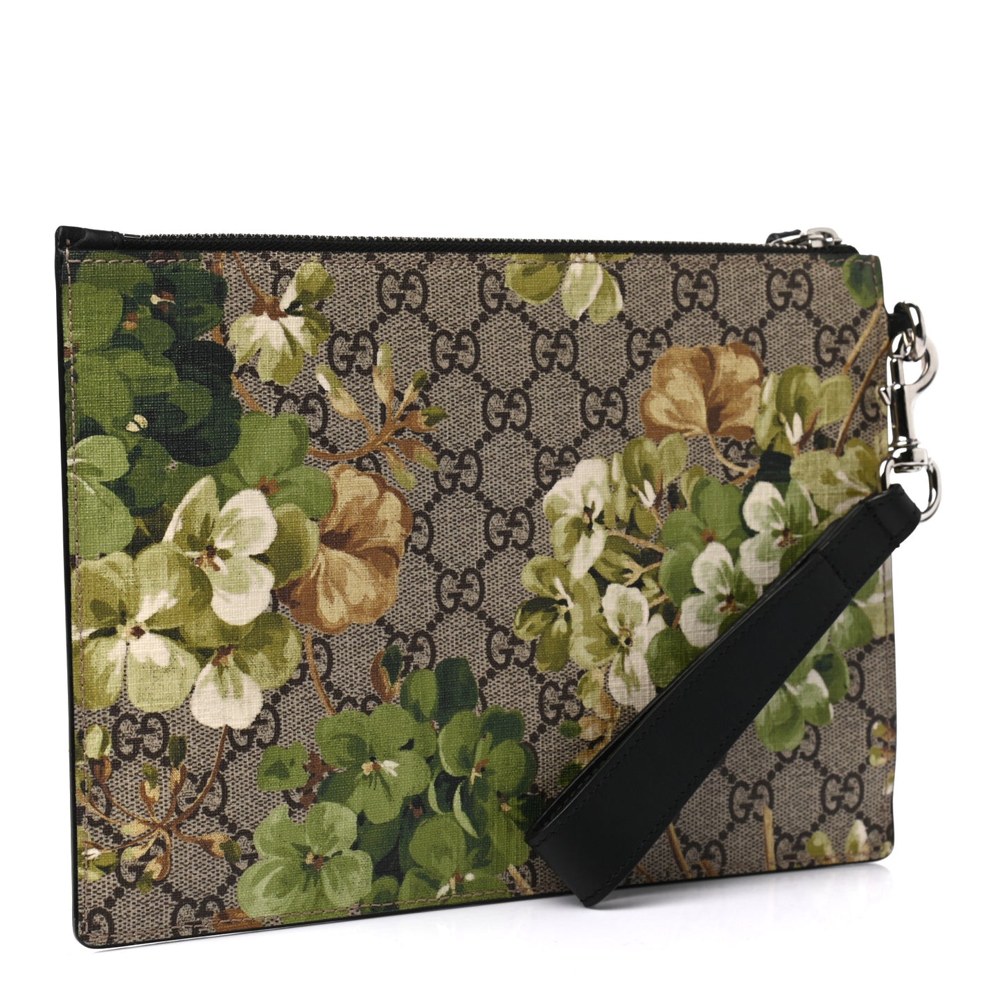 GG Supreme Monogram Blooms Small Zip Wristlet Pouch Beige New Military Black