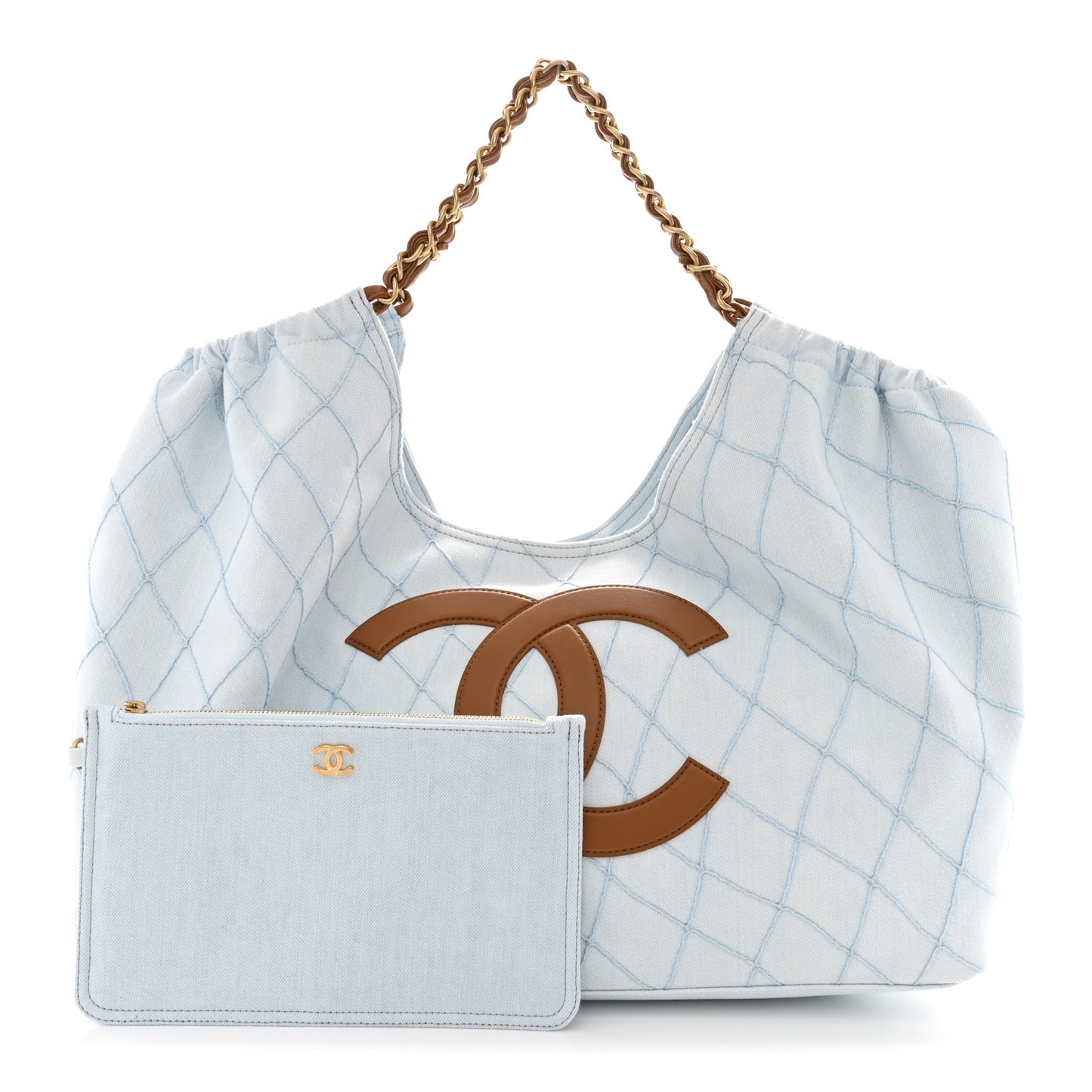 Denim Calfskin Quilted Coco Beach Small Shopping Tote Light Blue Brown