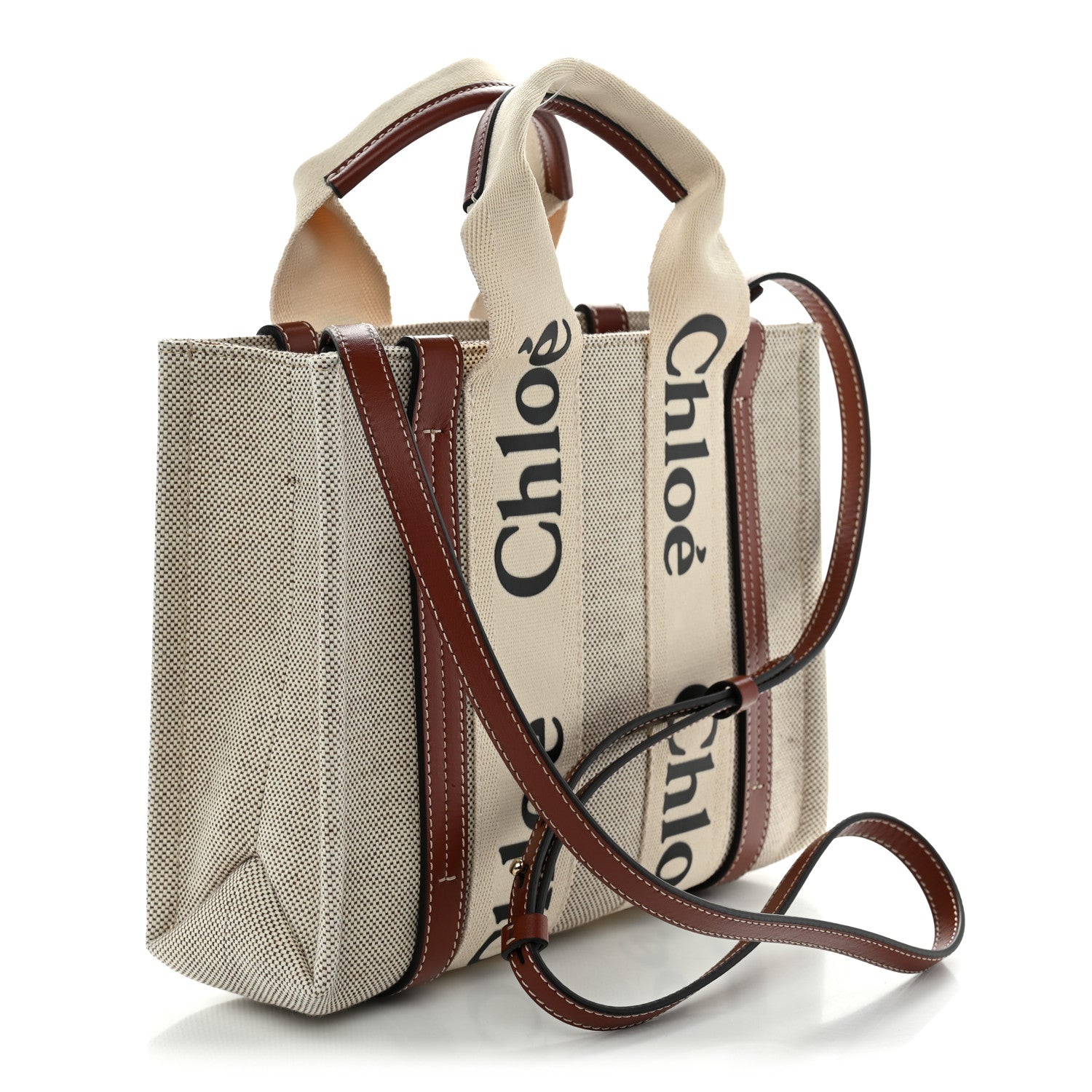 Chloe Cotton Calfskin Small Woody Ribbon Tote With Strap White Brown 3 of 10