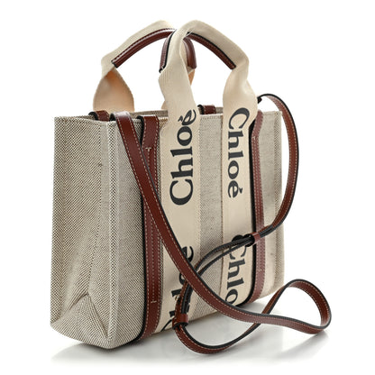 Chloe Cotton Calfskin Small Woody Ribbon Tote With Strap White Brown 3 of 10
