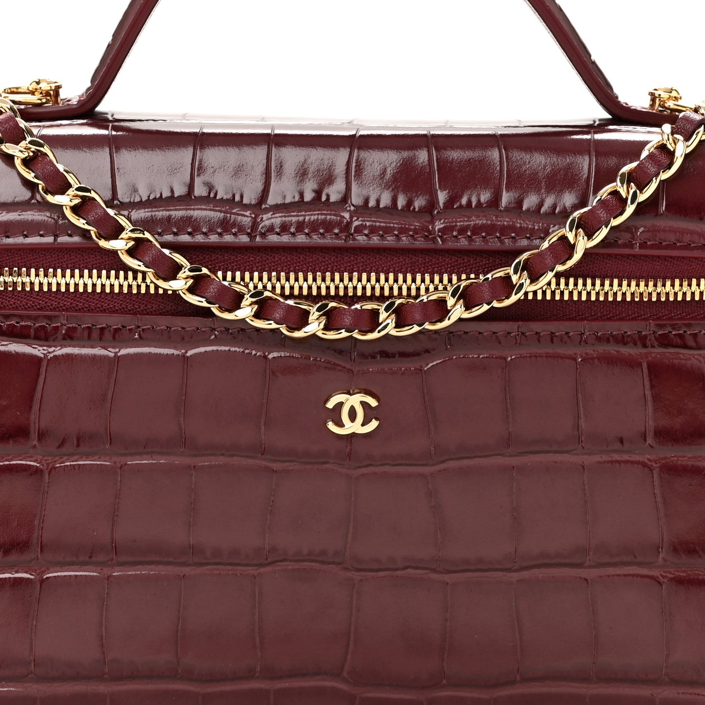 Calfskin Crocodile Embossed Crococo Top Handle Slim Vanity Case With Chain Dark Burgundy