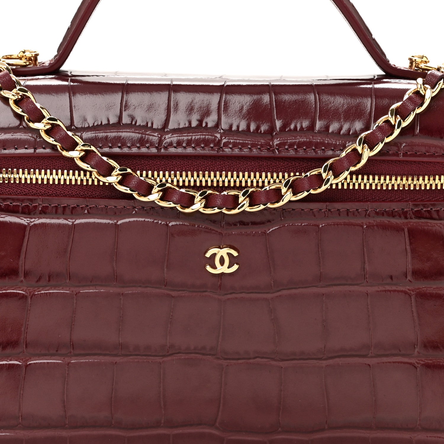 Chanel Calfskin Crocodile Embossed Crococo Top Handle Slim Vanity Case With Chain Dark Burgundy 8 of 11