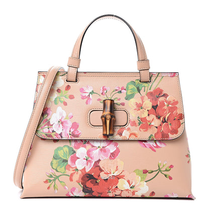 Gucci Shangai Calfskin Blooms Print Small Bamboo Daily Top Handle Bag Pink Apricot Multicolor 1 of 9