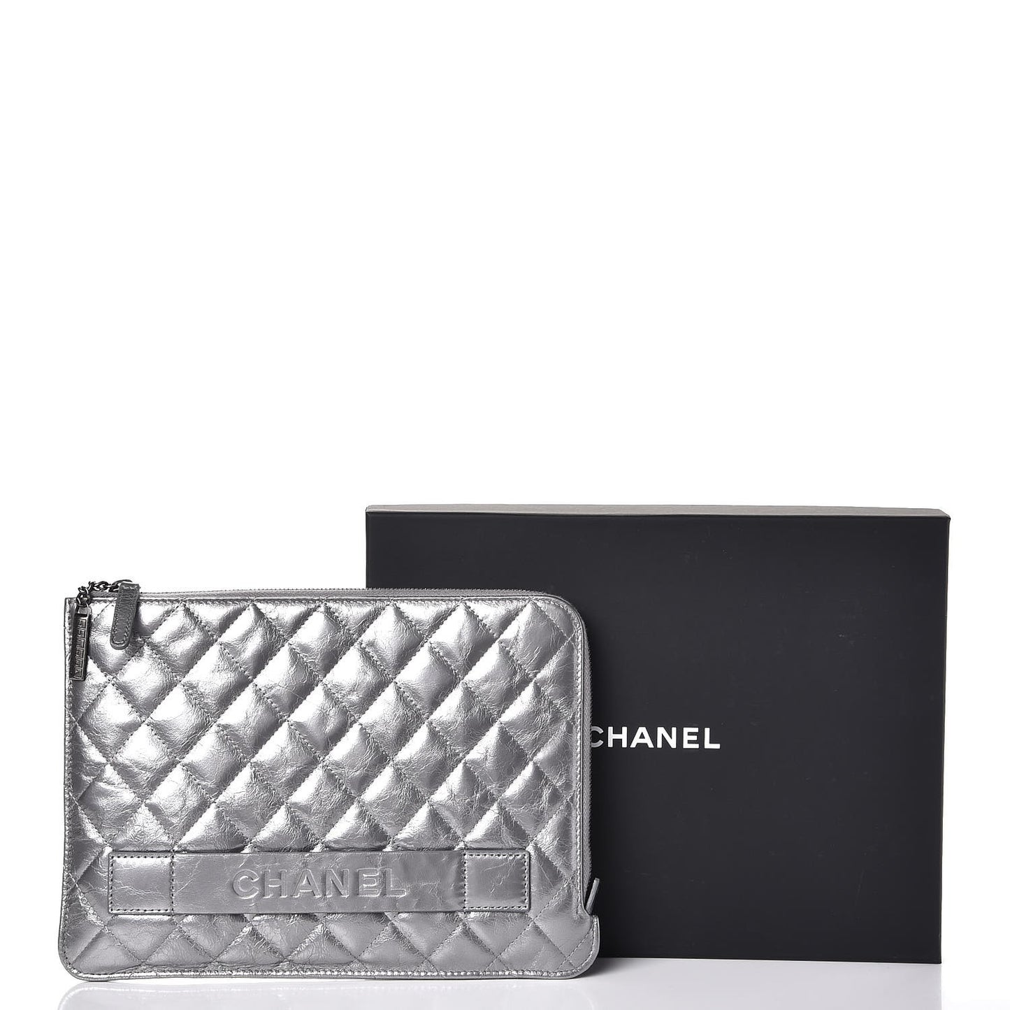 Metallic Aged Calfskin Quilted Medium Document Portfolio Holder Silver