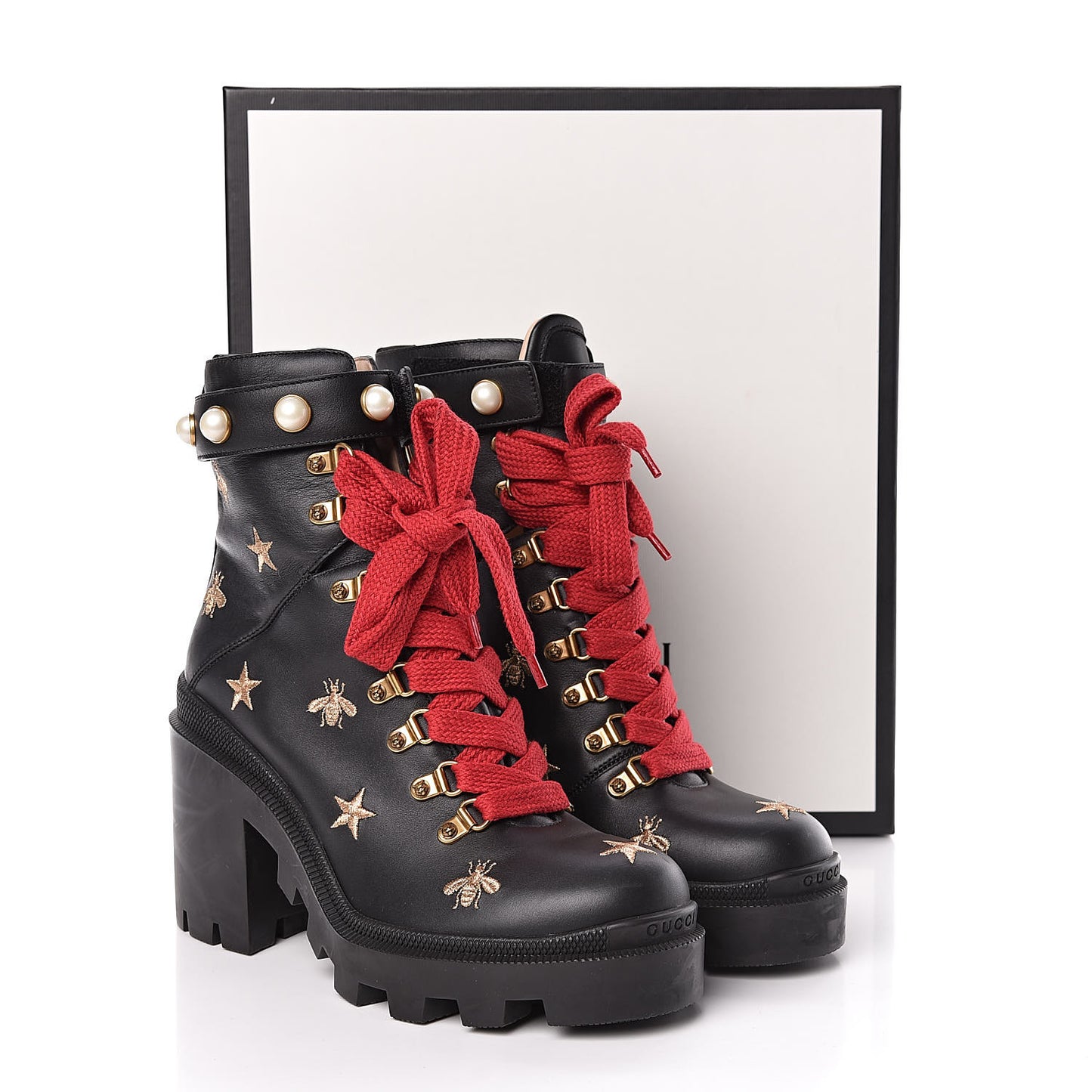 Calfskin Embroidered Lace Up Combat Ankle Boots 38.5 Black