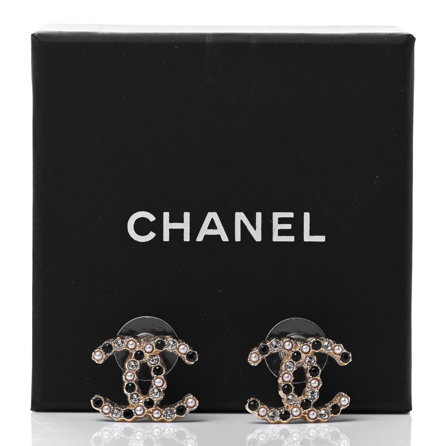 Resin Pearl Crystal CC Earrings Gold Black