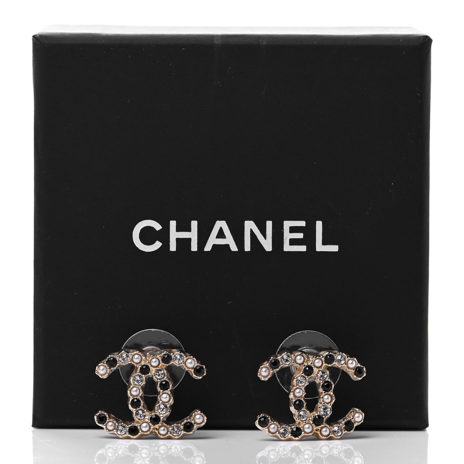 Chanel Resin Pearl Crystal CC Earrings Gold Black 4 of 4