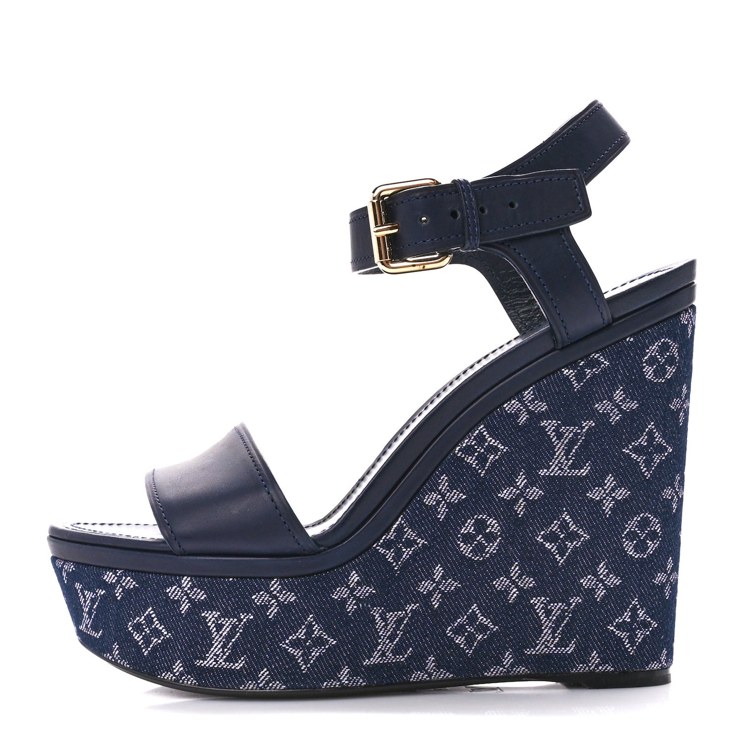 Calfskin Monogram Denim Waterfall Wedge Sandals 39 Blue