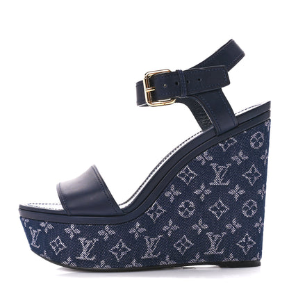 Louis Vuitton Calfskin Monogram Denim Waterfall Wedge Sandals 39 Blue 1 of 8