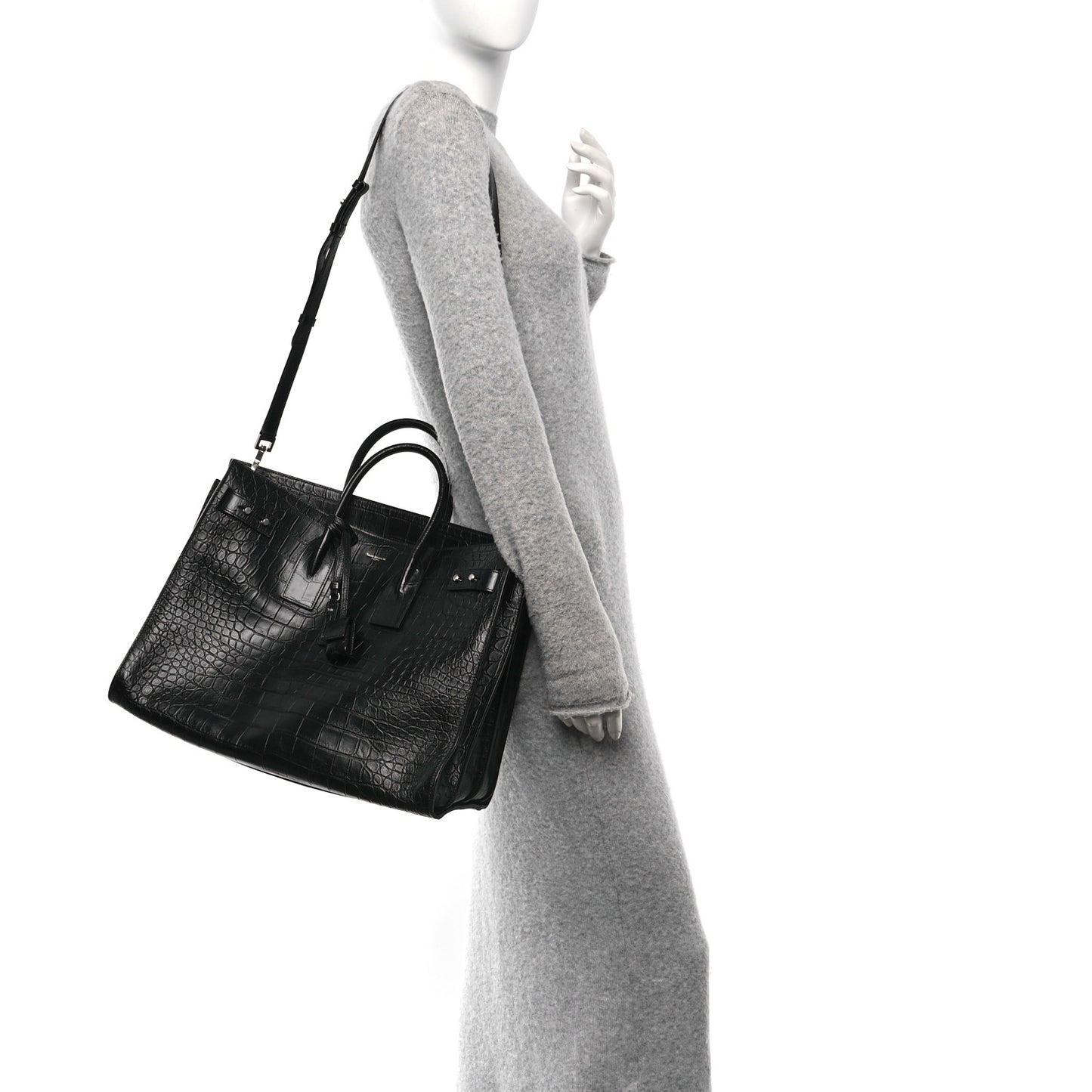 Calfskin Crocodile Embossed Large Souple Sac De Jour Black