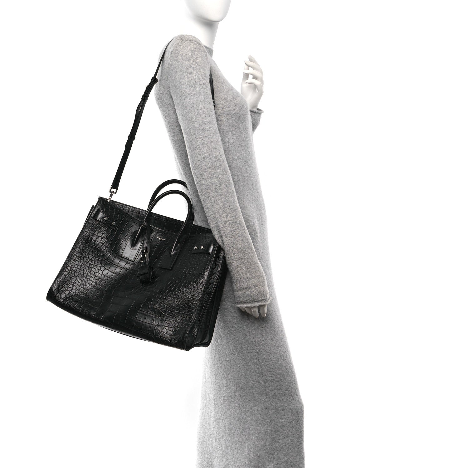 Saint Laurent Calfskin Crocodile Embossed Large Souple Sac De Jour Black 2 of 10