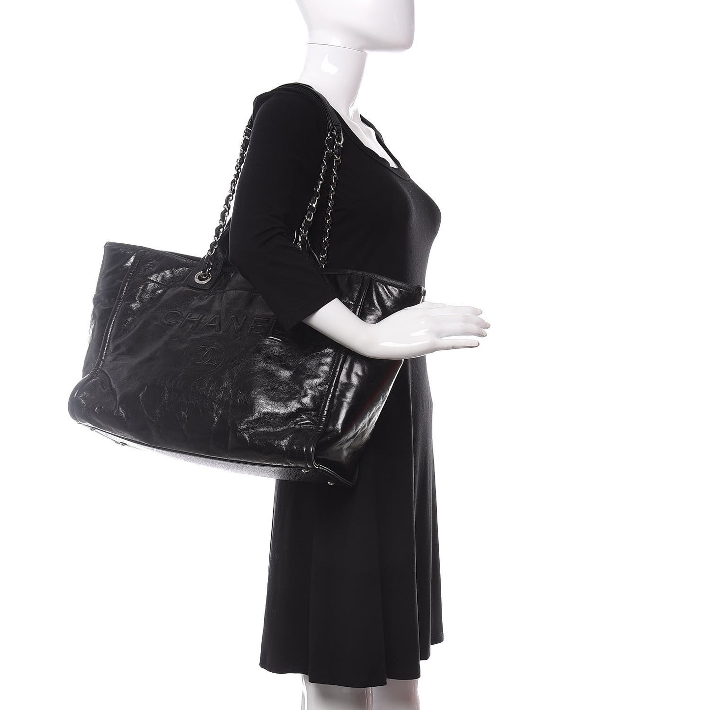 Glazed Calfskin Medium Deauville Tote Black