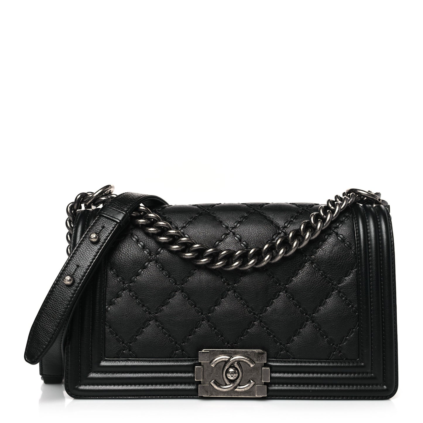 Calfskin Double Stitch Medium Boy Flap Black