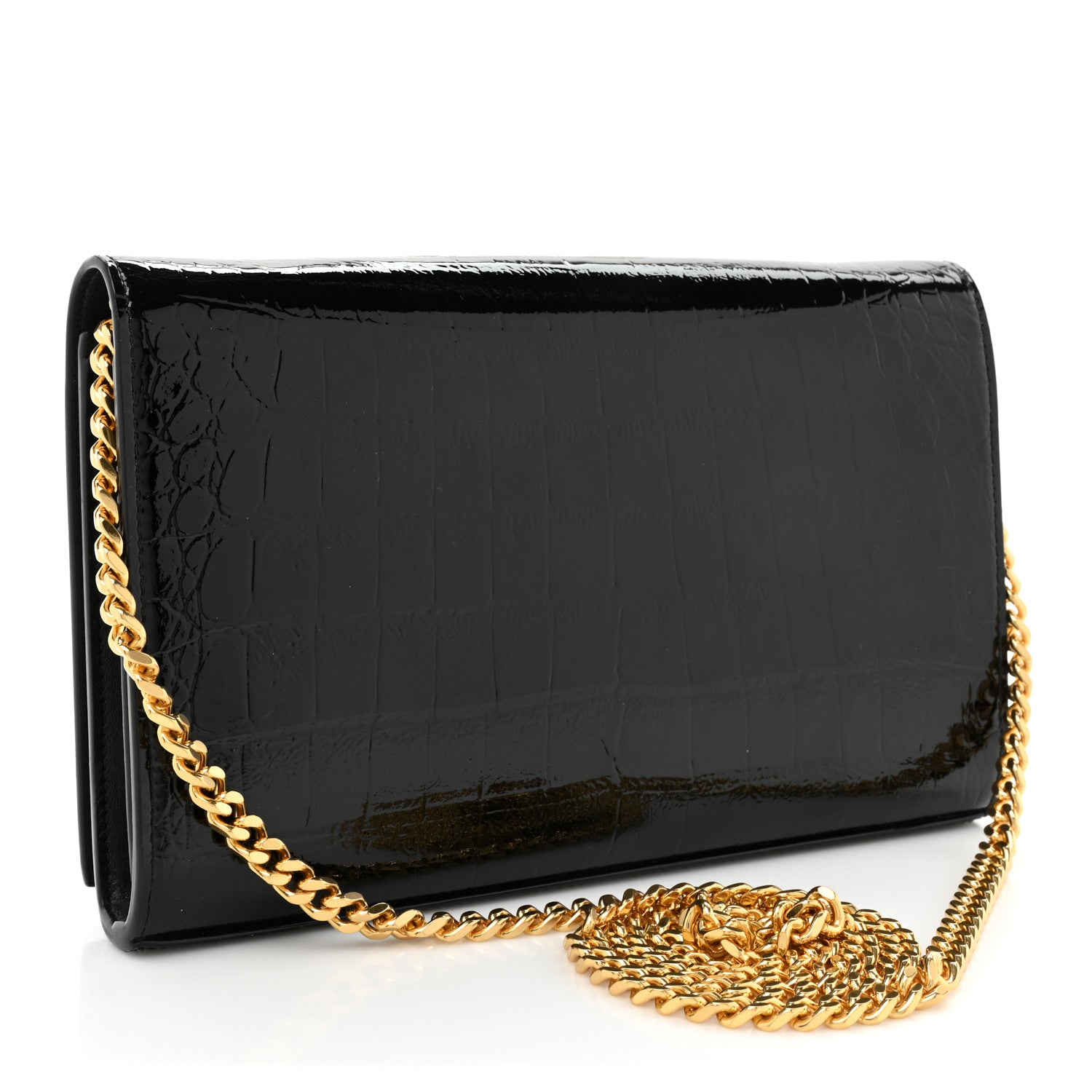 Saint Laurent Calfskin Crocodile Embossed Monogram Chain Wallet Black 3 of 11