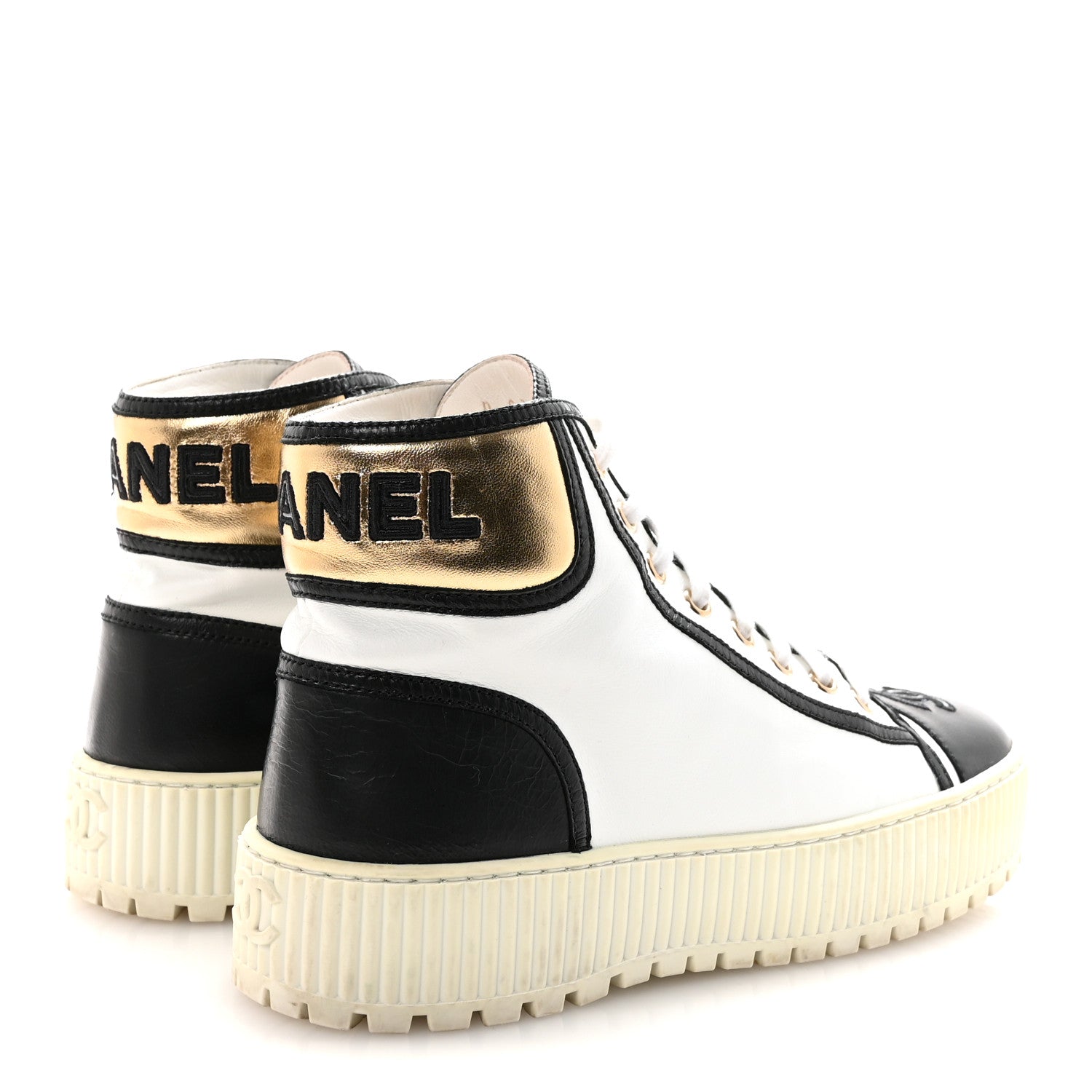 Chanel Shiny Lambskin Lace Up Cap Toe Sneakers 37.5 White Gold Black 5 of 10