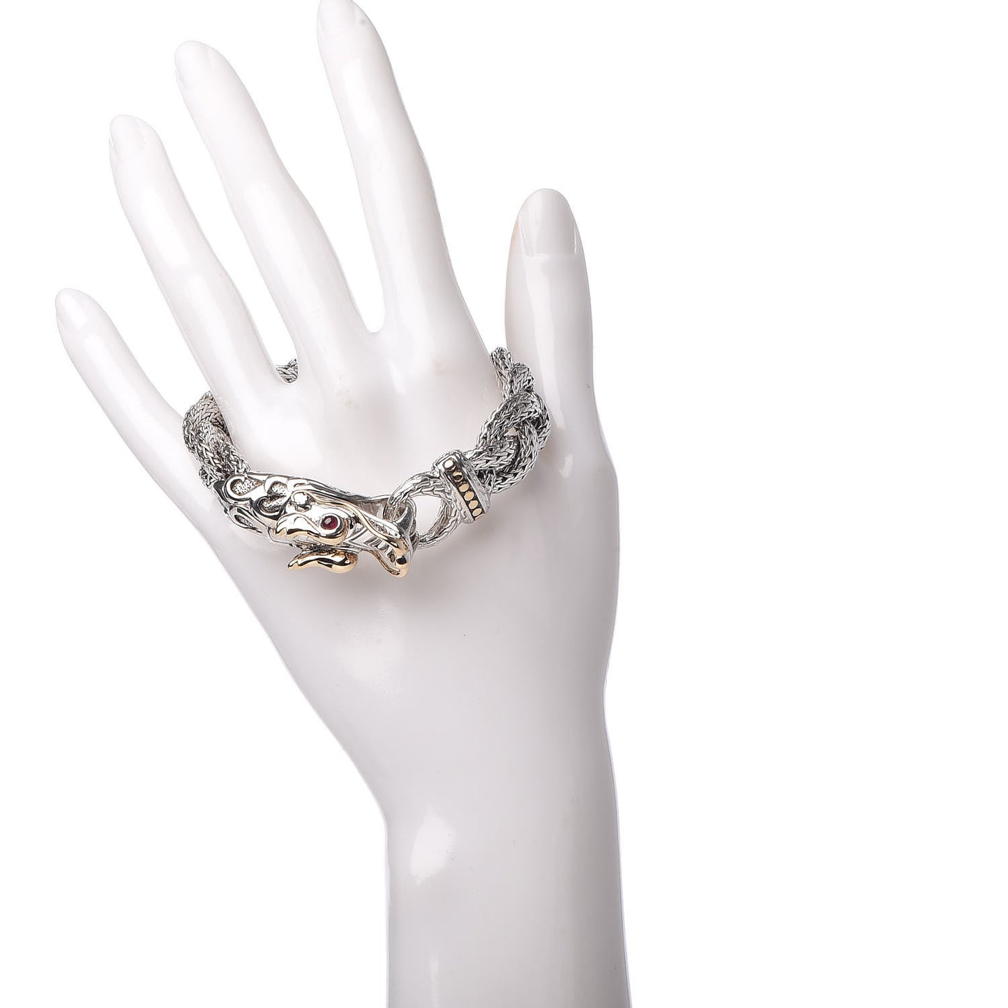 Sterling Silver 18K Yellow Gold Ruby Naga Dragon Braided Chain Bracelet