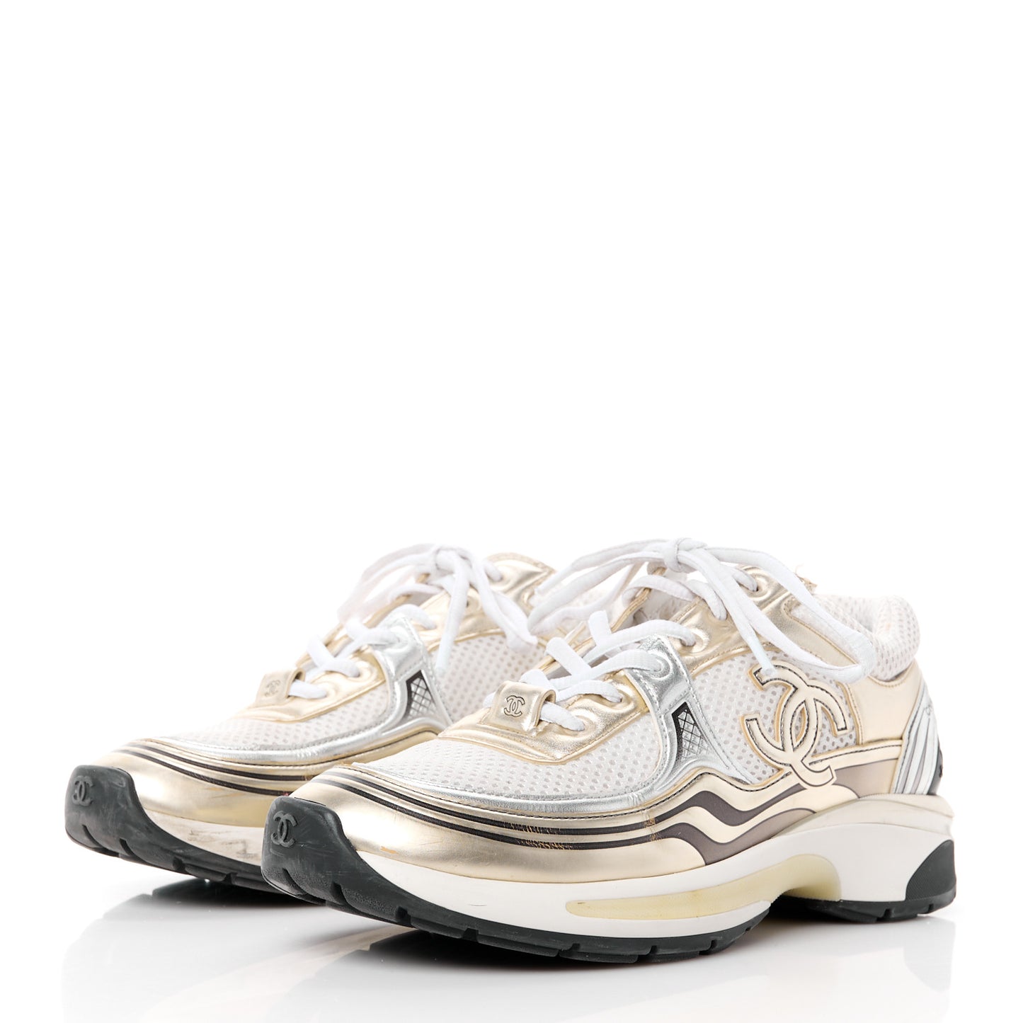 Fabric Laminated Calfskin Stretch CC Womens Sneakers 37.5 White Gold Silver