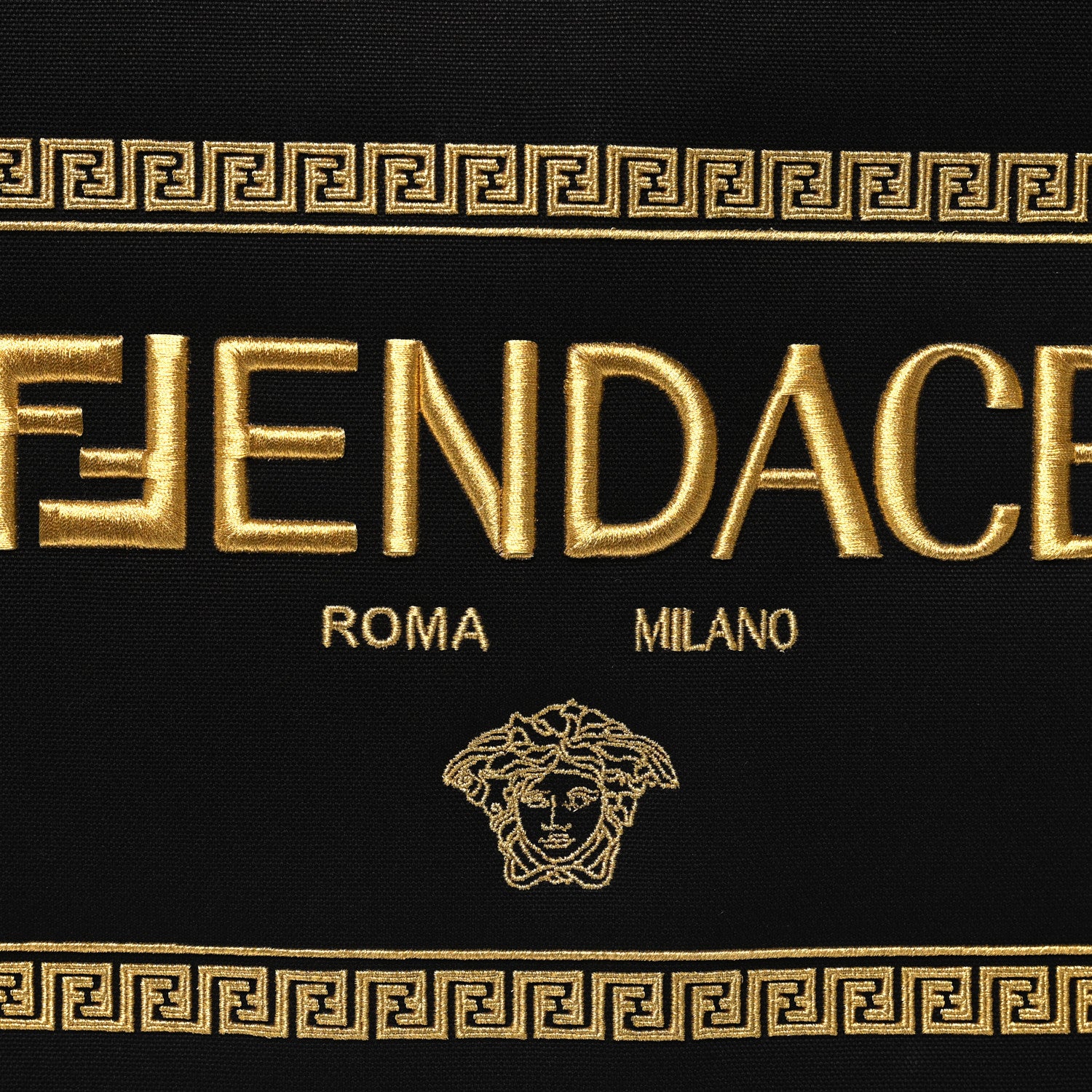 Fendi X VERSACE Cotton Canvas Cuoio Romano Fendace Logo Embroidered Signature Shopping Tote Black Gold 8 of 14
