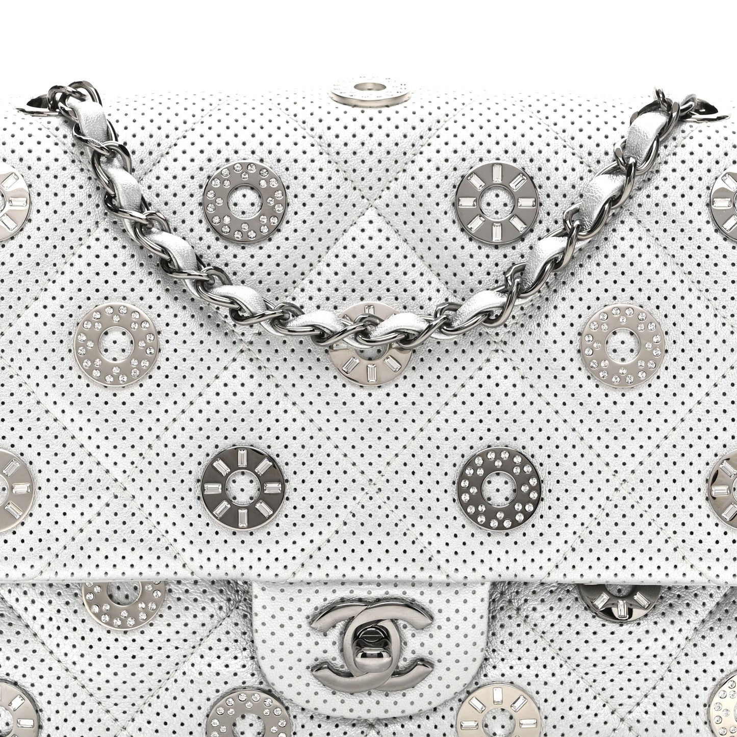 Perforated Metallic Lambskin Small CC Medals Flap Silver