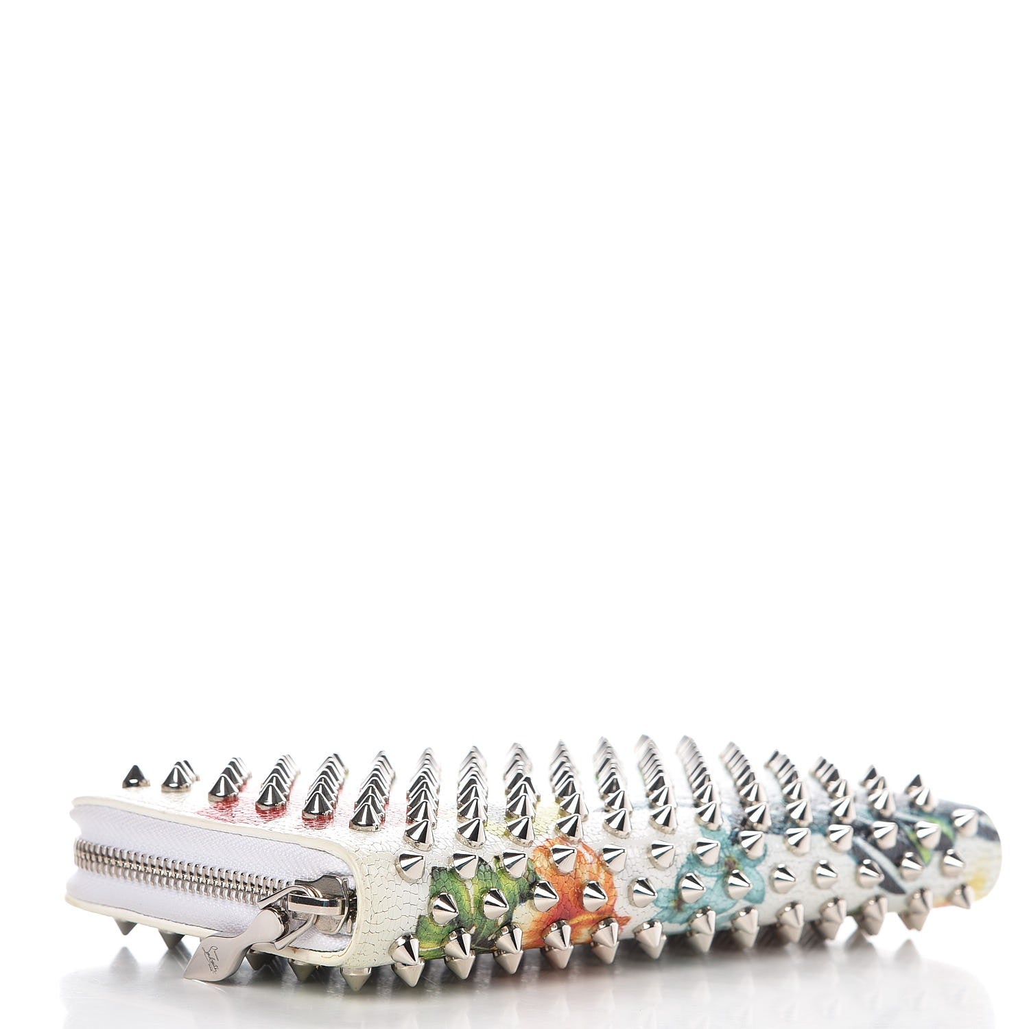 Christian Louboutin Crackled Calfskin Hawaii Print Panettone Spikes Zip Around Wallet White Silver 4 of 8